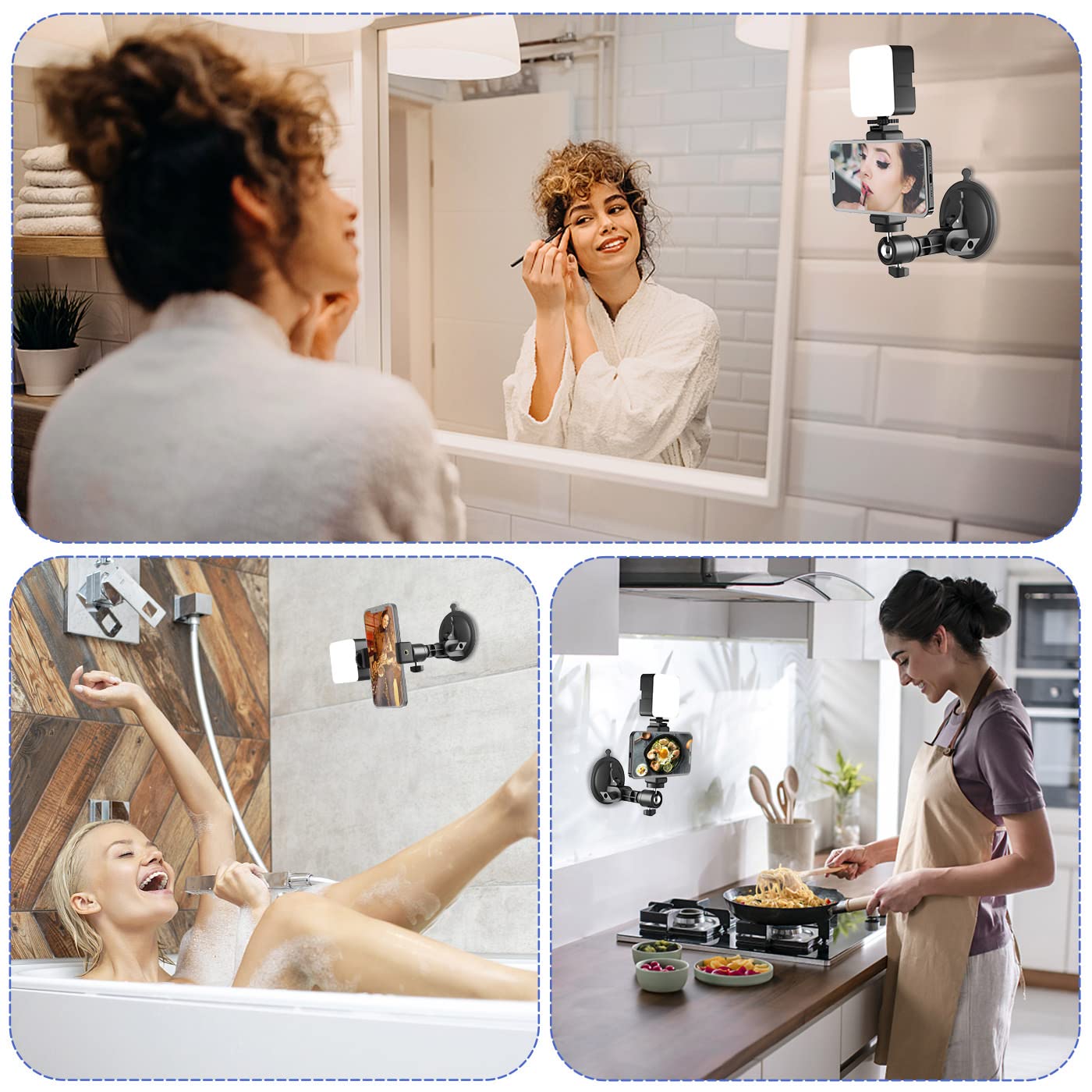 LenTok Suction Cup Mirror Phone Holder with Light, Travel Wall Phone Camera Mount for Makeup Content Creator Essentials, Mirror Tripod for Bathroom Kitchen Compatile with All Smooth Surface thumbnail 7
