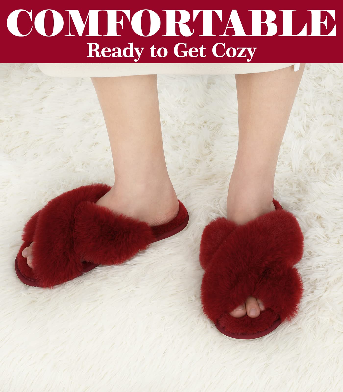 Ankis Womens Fuzzy Memory Foam Slippers Cross Band Cozy Plush Home Slippers Fluffy Furry Open Toe House Shoes Indoor Outdoor Slide Slipper: 7-8 Red