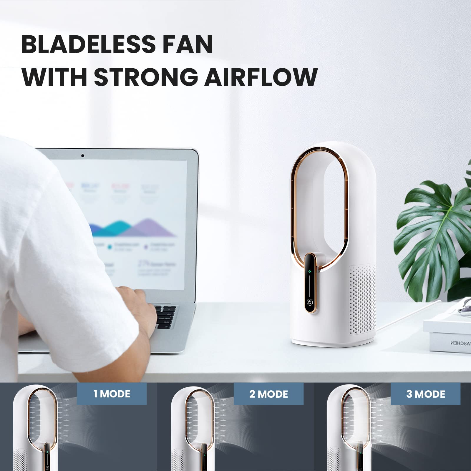 KONSIDEN Desk Fan Bladeless, 11.8 Inch Office Fan Small, Quiet, 3 Speed Adjustment, Touch Control, Easy to Clean, Desk Fans Small Quiet, Ideal for Office, Living Room, Bedroom: White/Gold