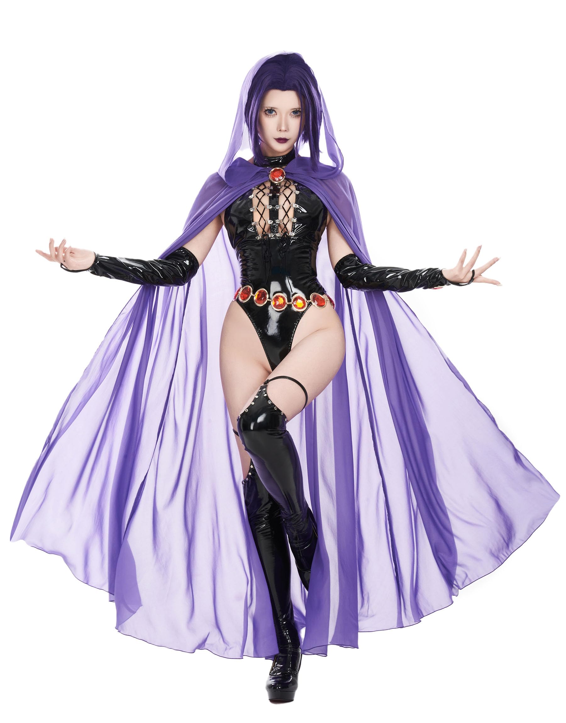 MEOWCOS Bodysuit Women One Piece Babydoll Gothic Halter Backless Front Hollow Bodysuit with Cloak and Chain: Large Black and Purple