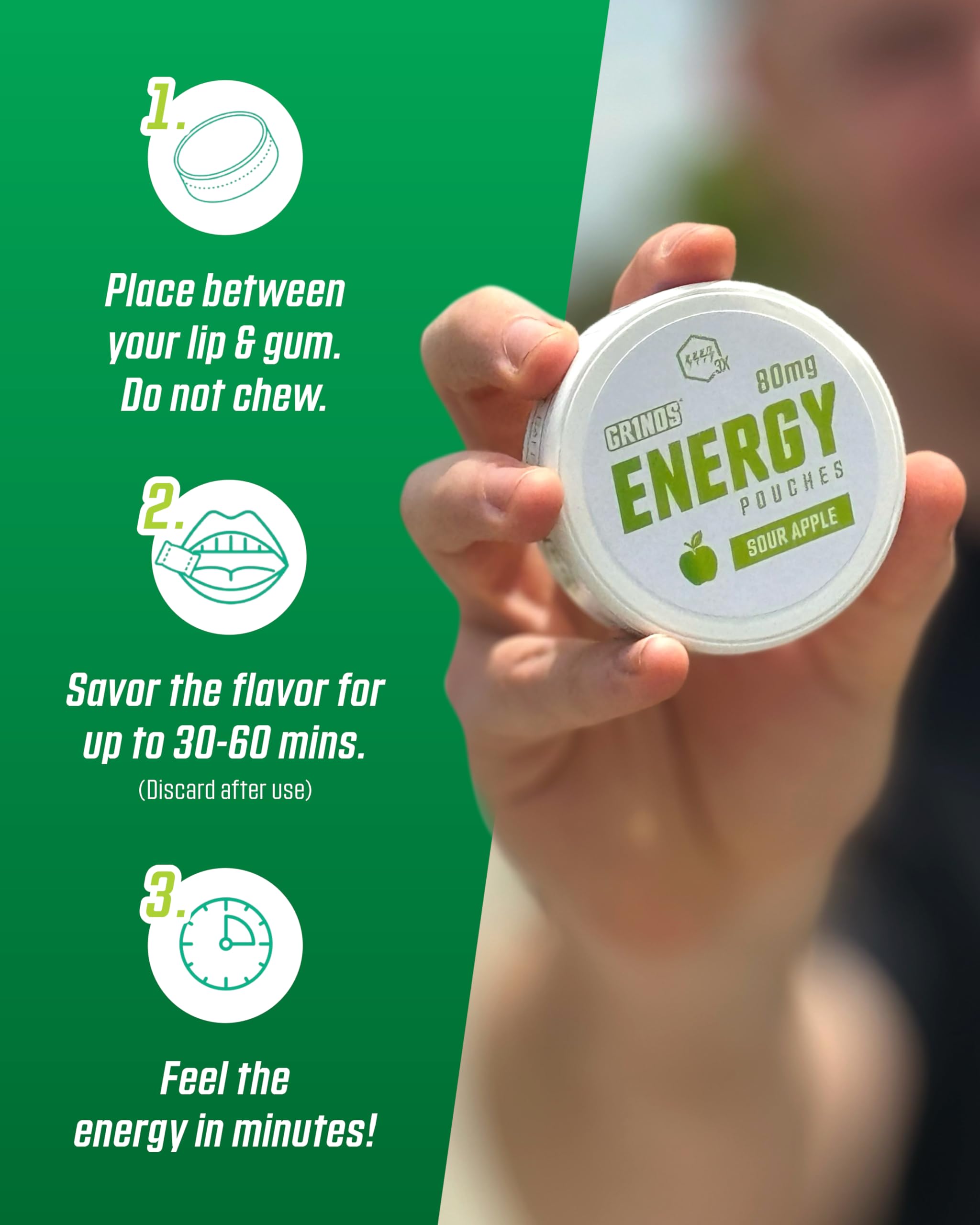 Grinds Energy Pouches - Natural Caffeine Pouches - Contains B-Vitamins, Sugar-Free, & 0 Calories - 80mg of Caffeine in Each Pouch - Wintergreen, Peach, & Sour Apple - 3 Pack, 15 Pouches Per Can