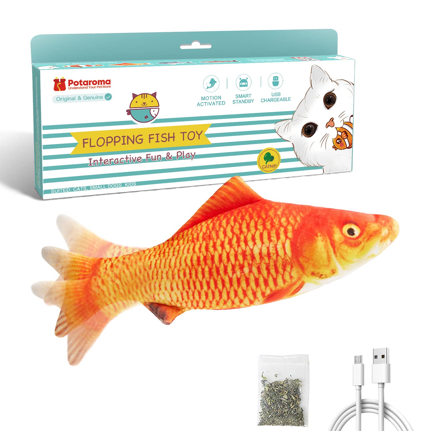Potaroma Cat Toys Flopping Fish with Catnip, Moving Kitten Kicker, Floppy Wiggle  for Small Dogs, Interactive Motion Kitty Exercise, 10.5 Inches