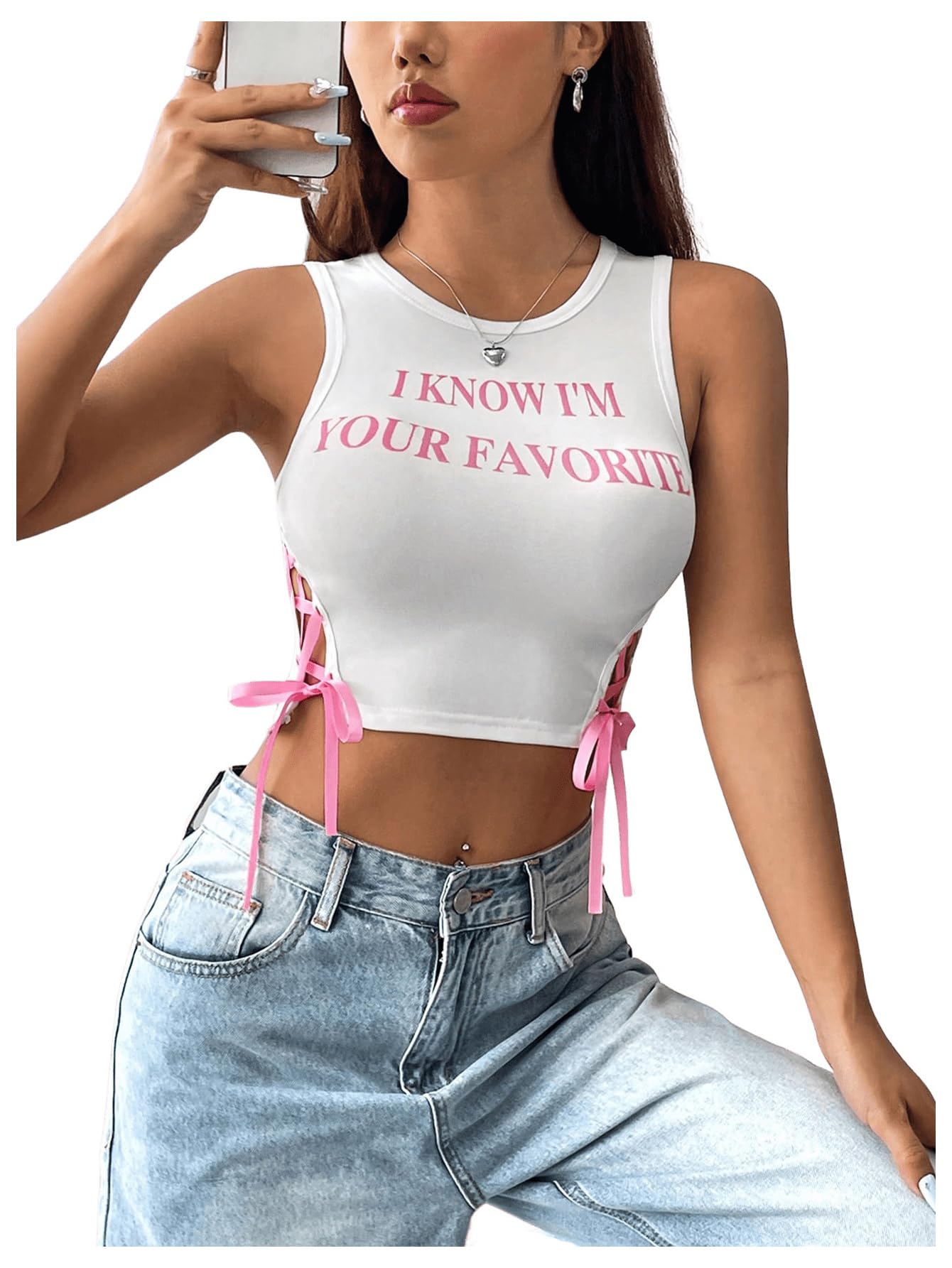 SHENHE Women's Letter Print Lace Up Round Neck Slim Fit Crop Going Out Tank Tops