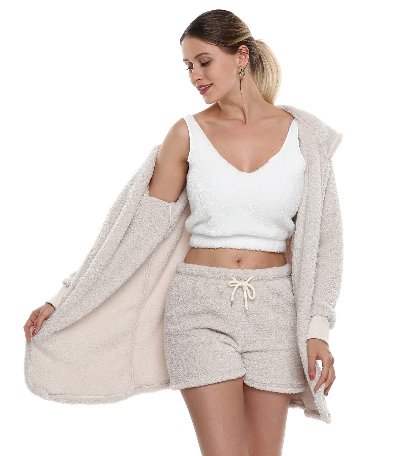 VNVNE Womens Sexy Fuzzy Warm Sherpa Fleece 3 Piece Outfit Fleece Coat Jacket Outwear and Spaghetti Strap Crop Top Shorts Set: 3X-Large White