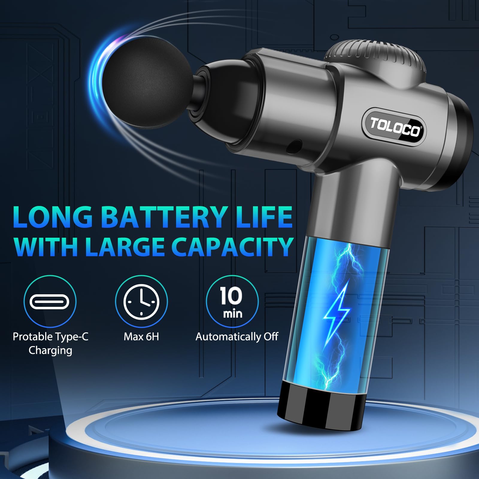 TOLOCO Massage Gun, Deep Tissue Back Massage for Athletes for Pain Relief, Percussion Massager with 10 Massages Heads & Silent Brushless Motor, Gifts for Fathers Day, thumbnail 3