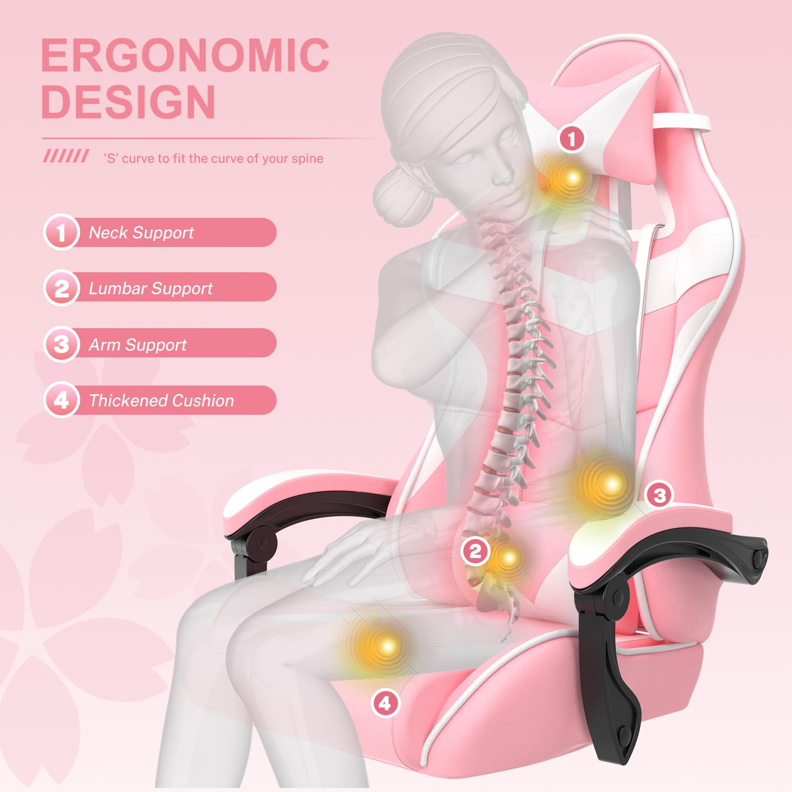 Soontrans Pink Gaming Chair with Footrest,Lovely Bunny Computer Gamer Chair,Gamer Desk Chair for Granddaughter,Sister,Girlfriend,Wife and Love (Pink) thumbnail 7