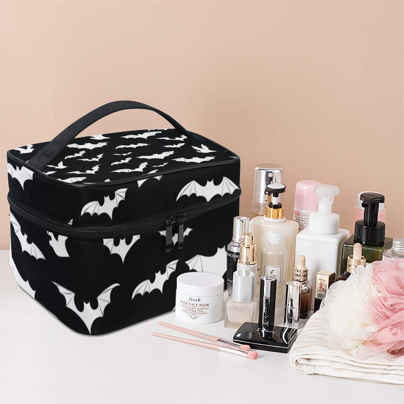 9CH Goth Makeup Organizer Bag, Halloween Makeup Bags Large Cosmetic Bag with Adjustable Dividers Portable Bat Cosmetic Case for Make up Brushes Toiletry Jewelry（Black Bats） thumbnail 7