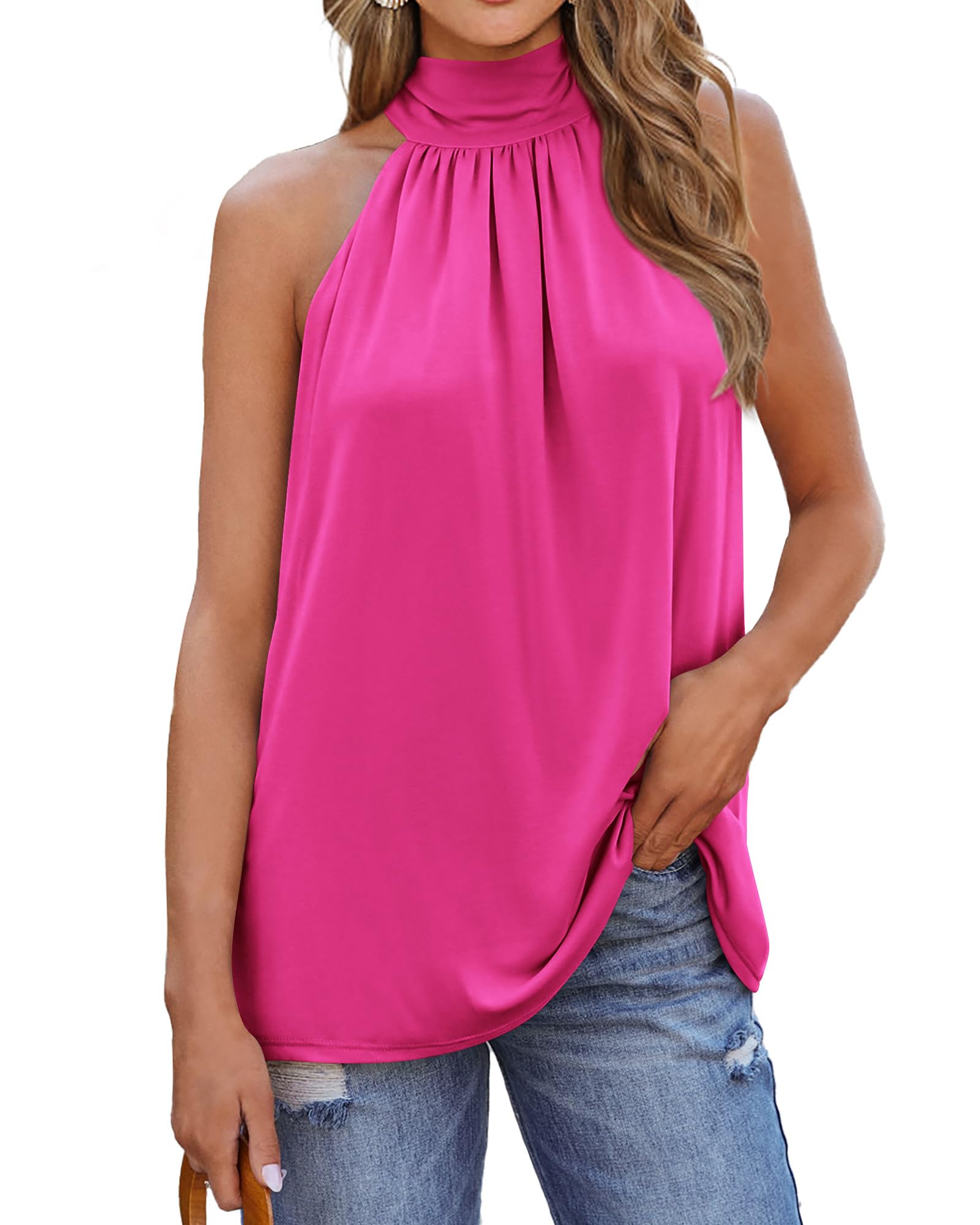 BTFBM 2024 Women Summer Sleeveless Tie Mock Neck Halter Tops Casual Bow Loose Tank Top Lightweight Dressy Blouse Shirts thumbnail 1