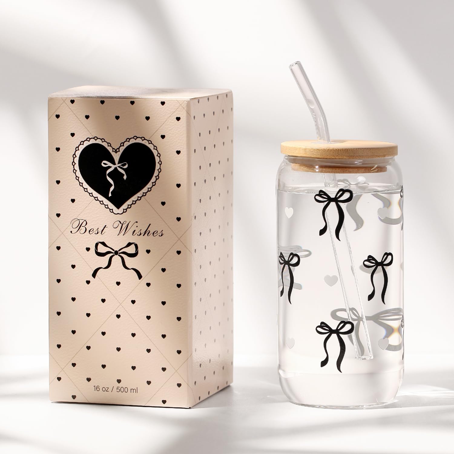 LANGASQUE Coquette  Bow Aesthetic Cup With Gift Box 16oz Glass Cup with Lids Straws and Black Bow Iced Coffee Smoothie Cute Tumbler with Cleaning Brush for Girls Bestfriend Sister Girlfriend: Black