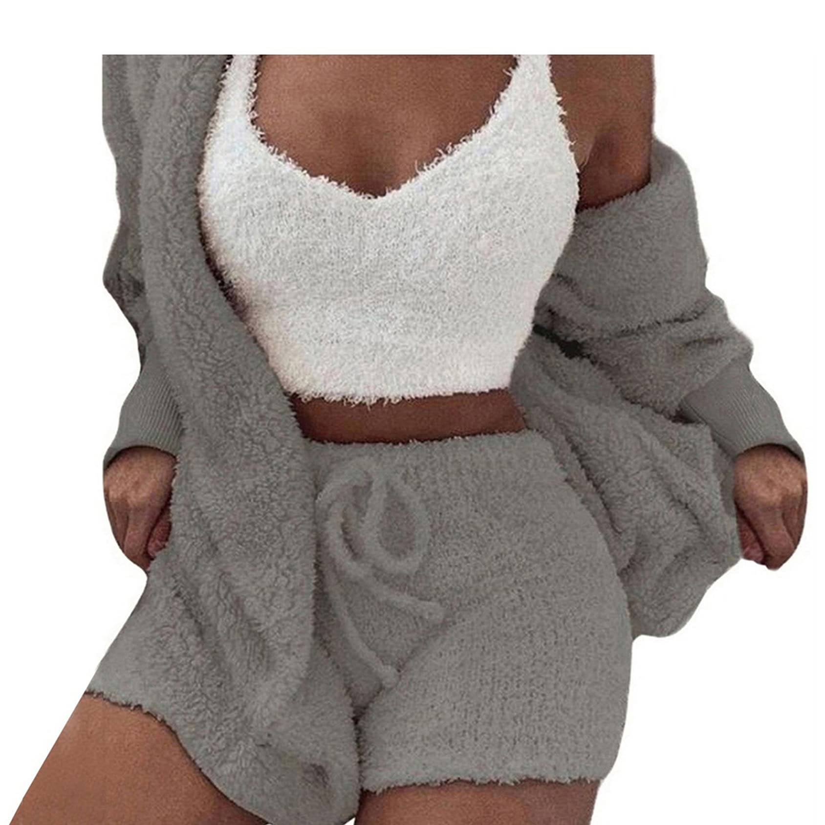 Famnbro Women's Sexy Fuzzy 3 Piece Outfits Fleece Warm Hooded Cardigan Crop Top Shorts Set Pajamas Loungewear