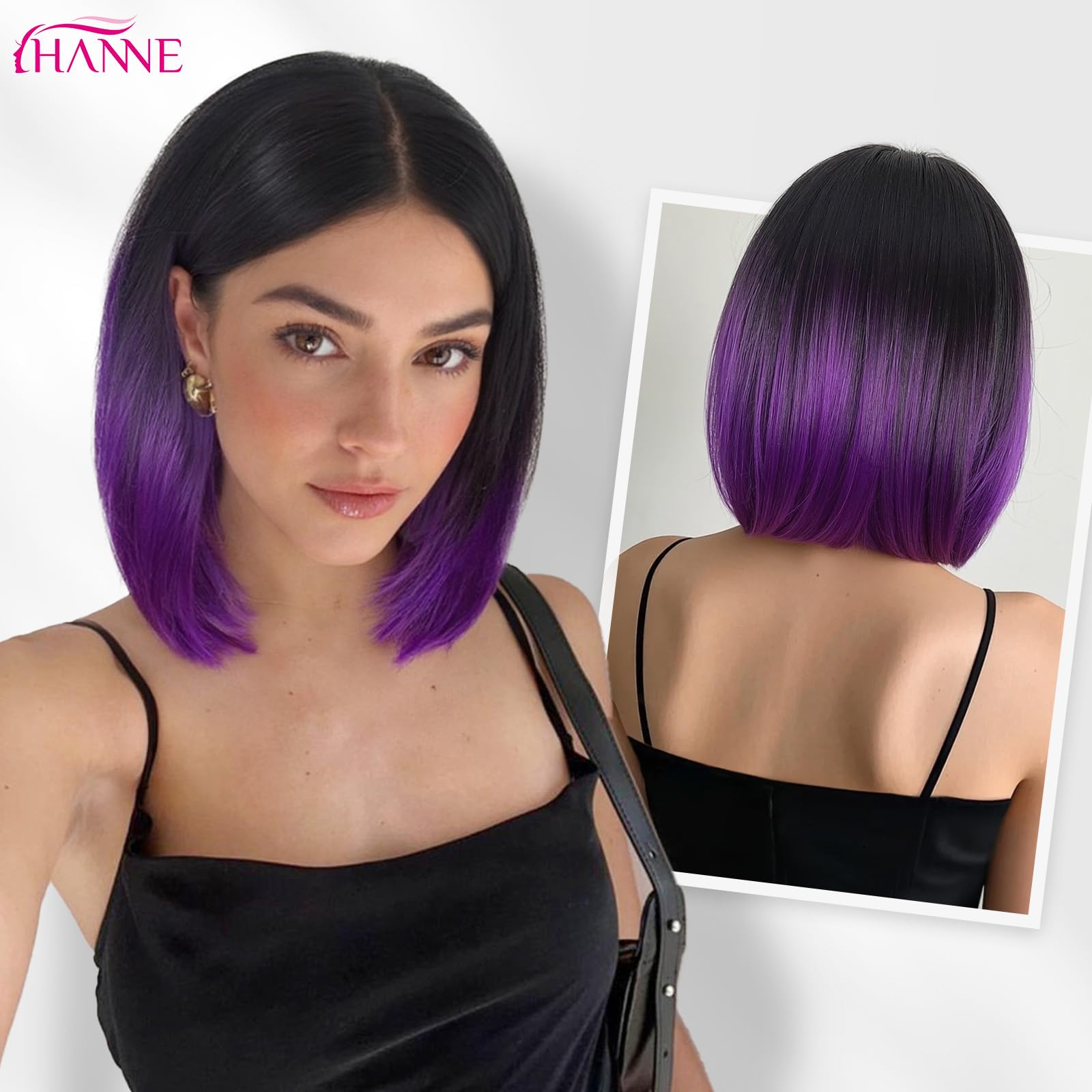 HANNE Ombre Black to Purple Wig Short Bob Wigs Shoulder Length Bob Hair Short Straight Hair Bob Wigs for Women Ombre Purple Wig (Ombre Purple): Black to Purple