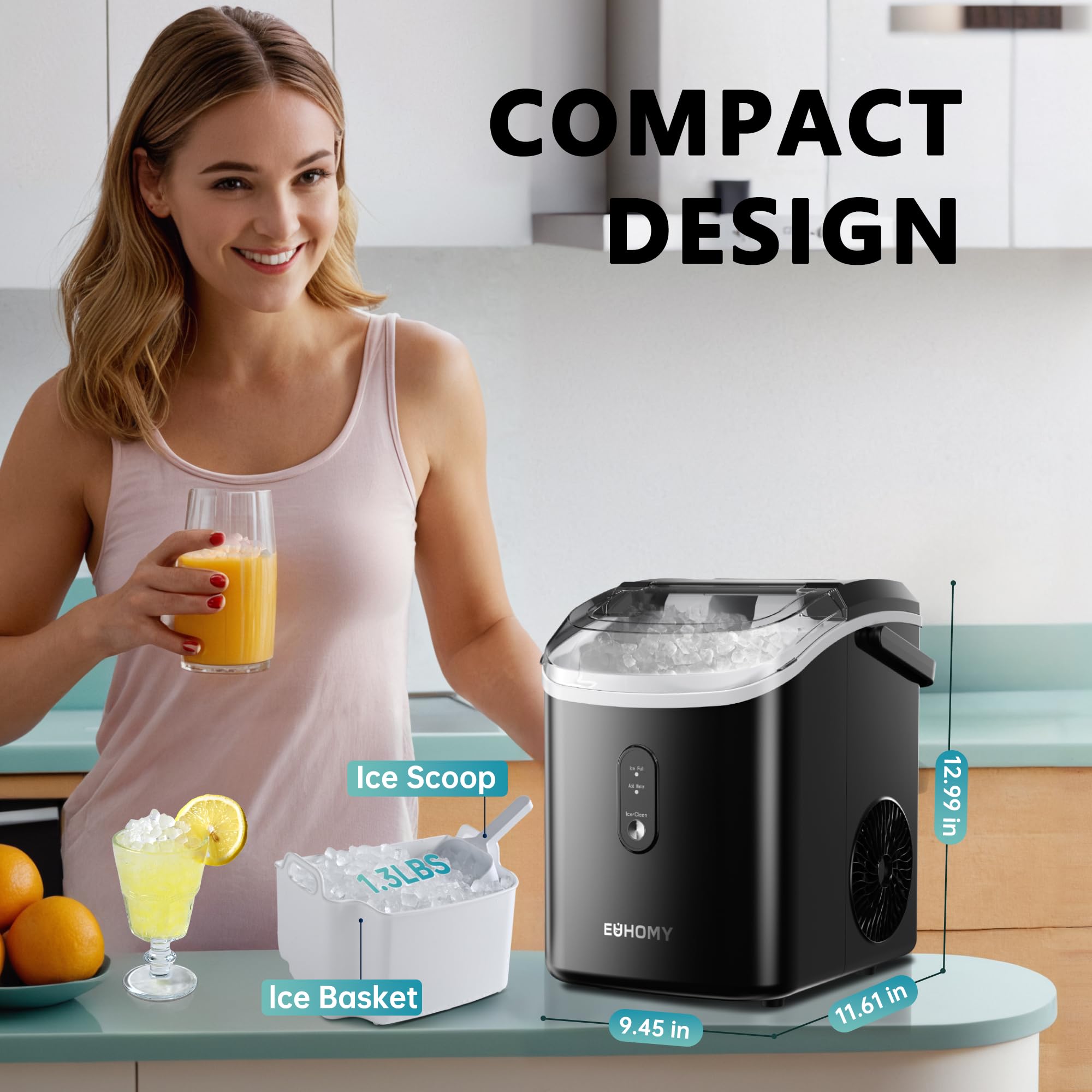 EUHOMY Nugget Ice Maker Countertop with Handle, Ready in 6 Mins, 34lbs Per Day, Removable Top Cover, Auto-Cleaning, Portable Sonic Ice Maker with Basket and Scoop, for Home/Party/RV/Camping (): Black