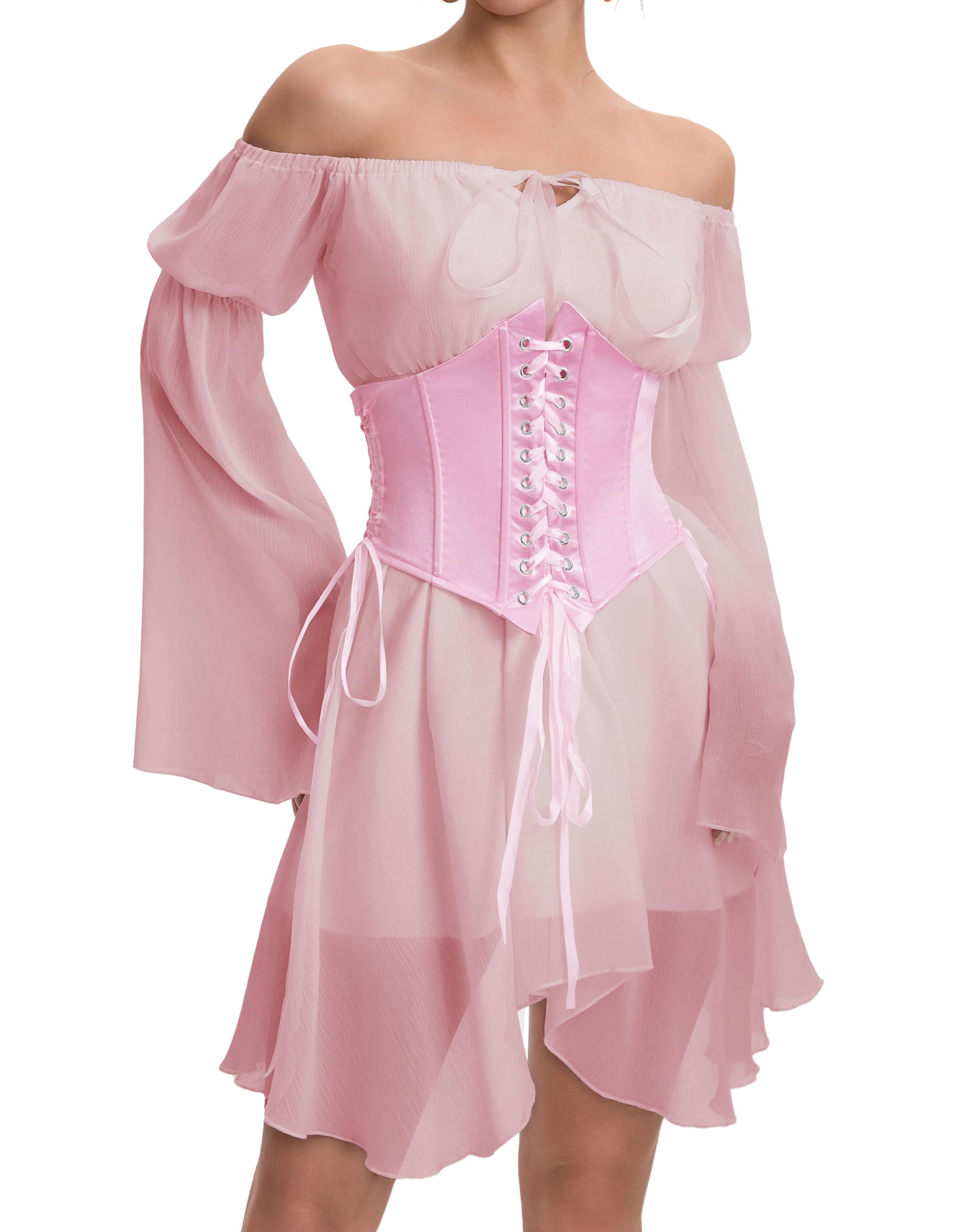 TSMNZMU Womens Two Piece Sets Corset Dress Off Shoulder Bell Sleeve Chiffon Dresses Lace-Up Mini Bustier Party Dress: 2 Piece Set Pink Small