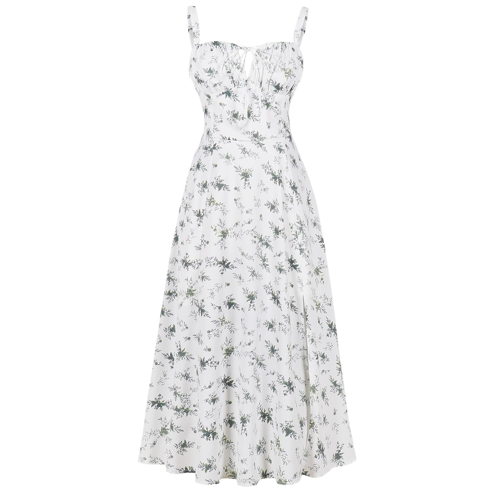 Floral Corset Dress, Formal Cocktail Dresses, Casual Sundress, Split Thigh Spaghetti Strap Vintage Dress: Medium Green Flower