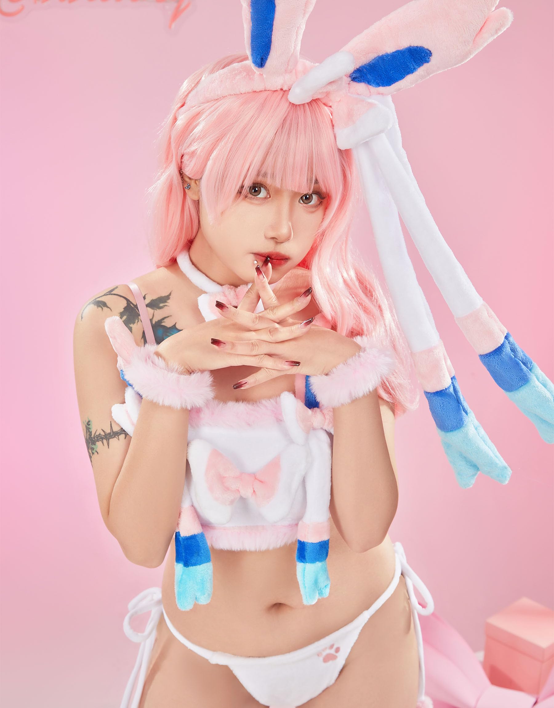 Mobbunny Women Cute Pajamas Set Pink Furry Tube Top and Shorts Anime Cosplay Homewear Sleepwear: Small