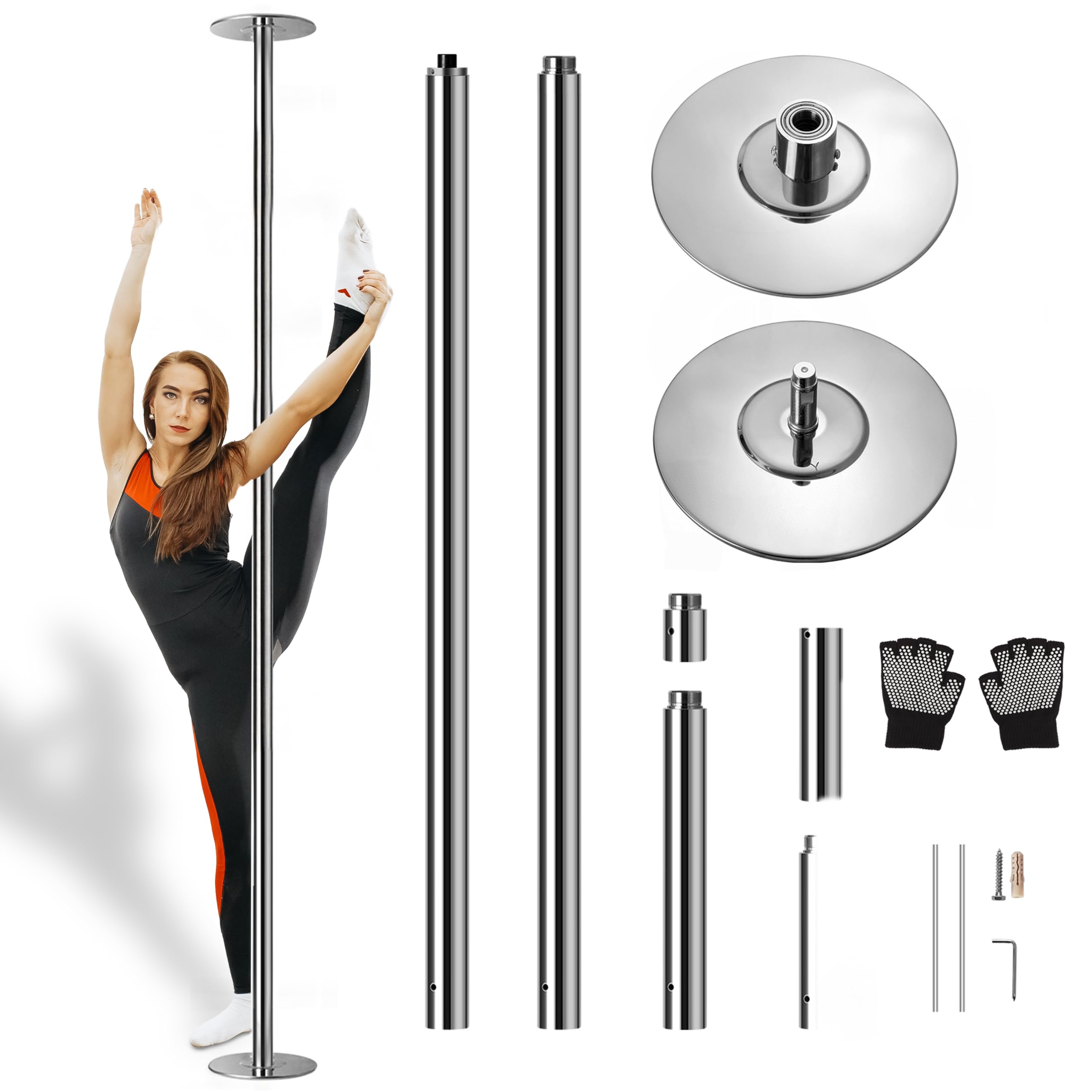 SereneLife 45mm Fitness Dance Pole – Static & Spinning Modes, Heavy-Duty Removable Pole for Strength, Cardio & Dance – Easy Assembly, No Drilling – Suitable for Home, Club, Gym, Party, Pub: Silver