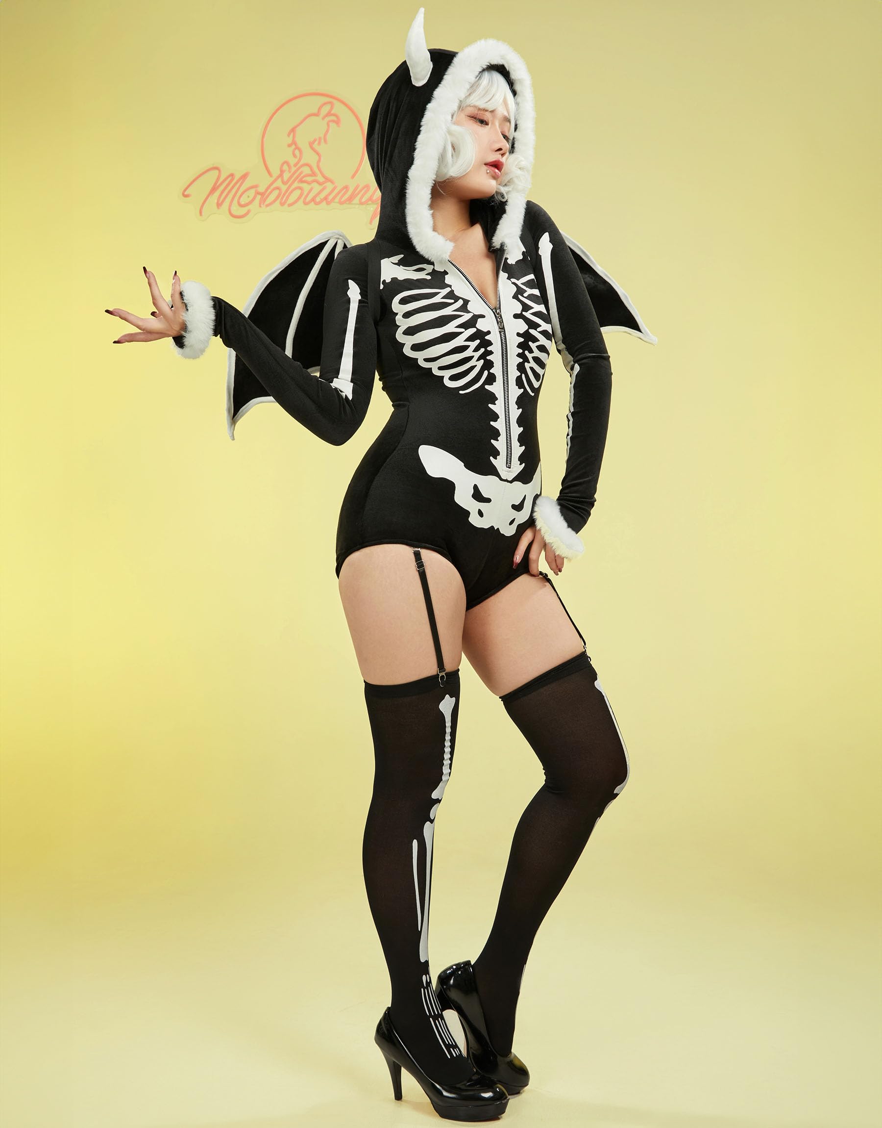 Mobbunny Women's Gothic Skull Style Romper Onesie Pajamas Halloween Skeleton Costume with Wings Hooded Short Jumpsuit: Small