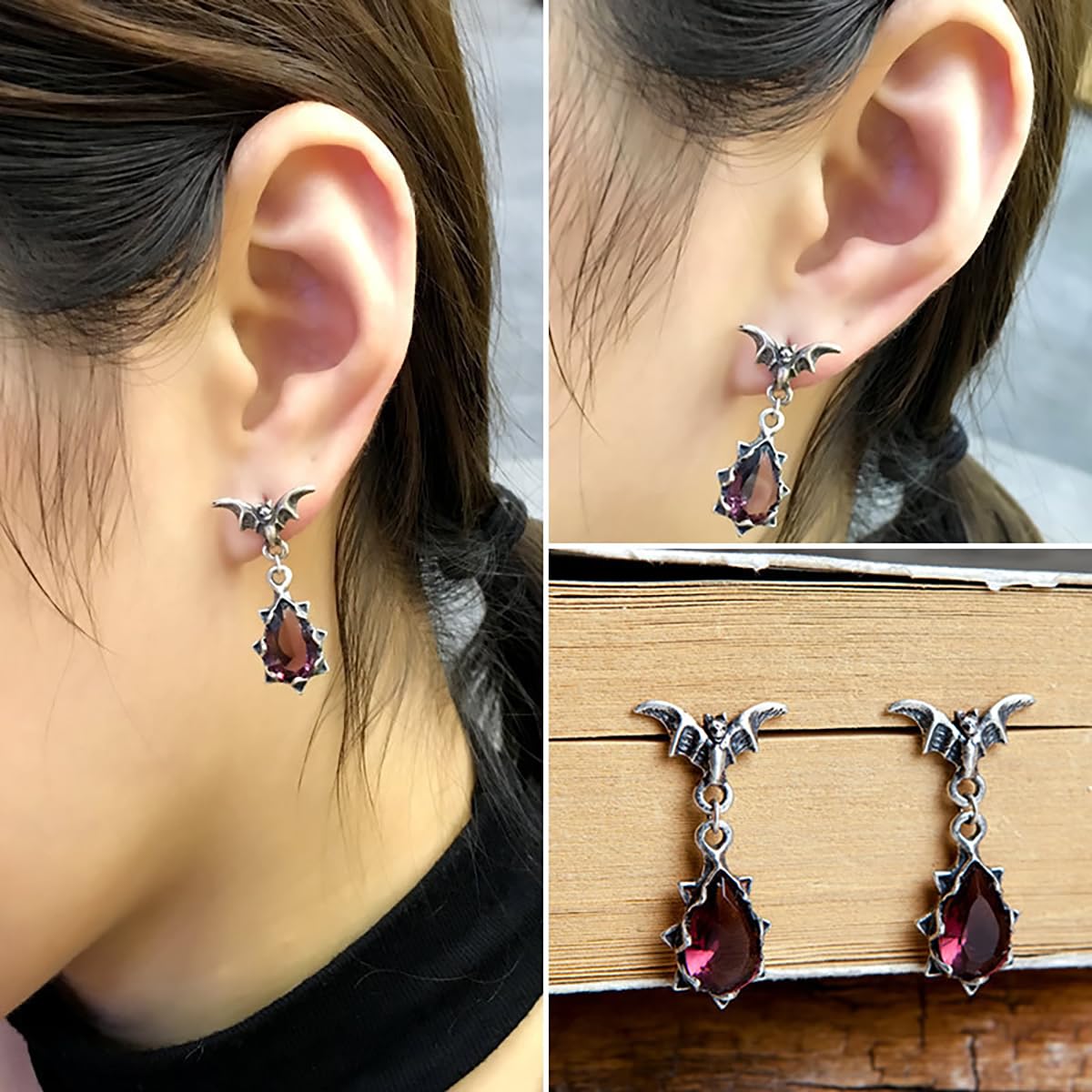 Gothic Dark Bat Zircon Earrings Vintage Red  Crystal Bat Dangle Drop Earrings Variety Gothic Vampire Bat Earrings Punk Rock Hip Hop Bat Animal Earrings Halloween Jewelry for Women and Men thumbnail 2