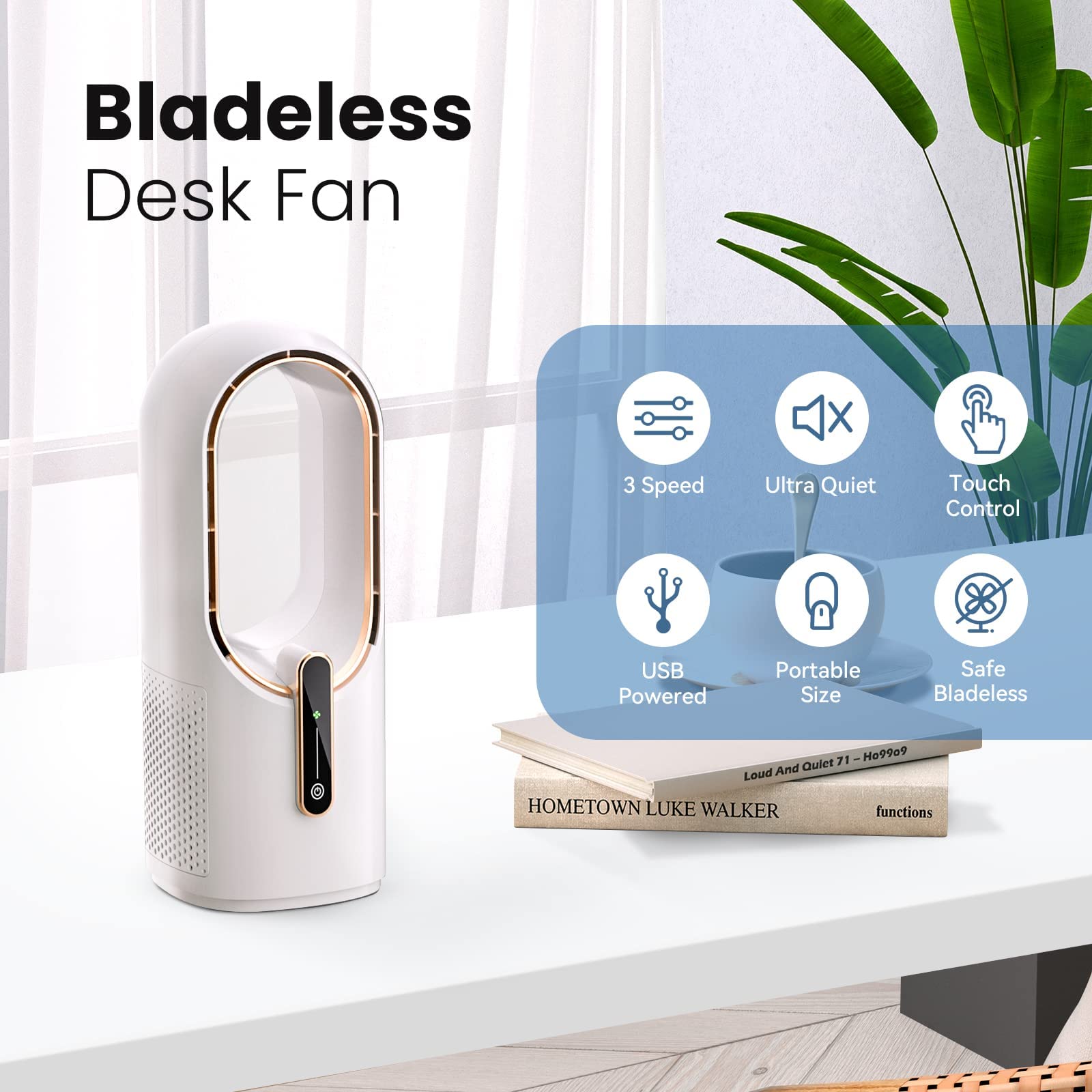 KONSIDEN Desk Fan Bladeless, 11.8 Inch Office Fan Small, Quiet, 3 Speed Adjustment, Touch Control, Easy to Clean, Desk Fans Small Quiet, Ideal for Office, Living Room, Bedroom: White/Gold