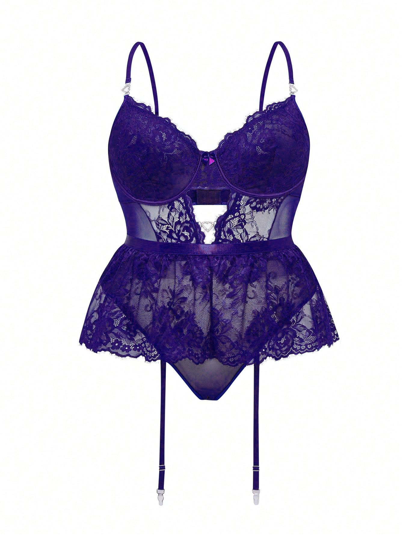 Alrovetoney Women Lingerie Set Naughty Lace Bodysuit High Waisted Underwire Lingerie Babydoll With Garter Belt and Stockings: Medium Purple