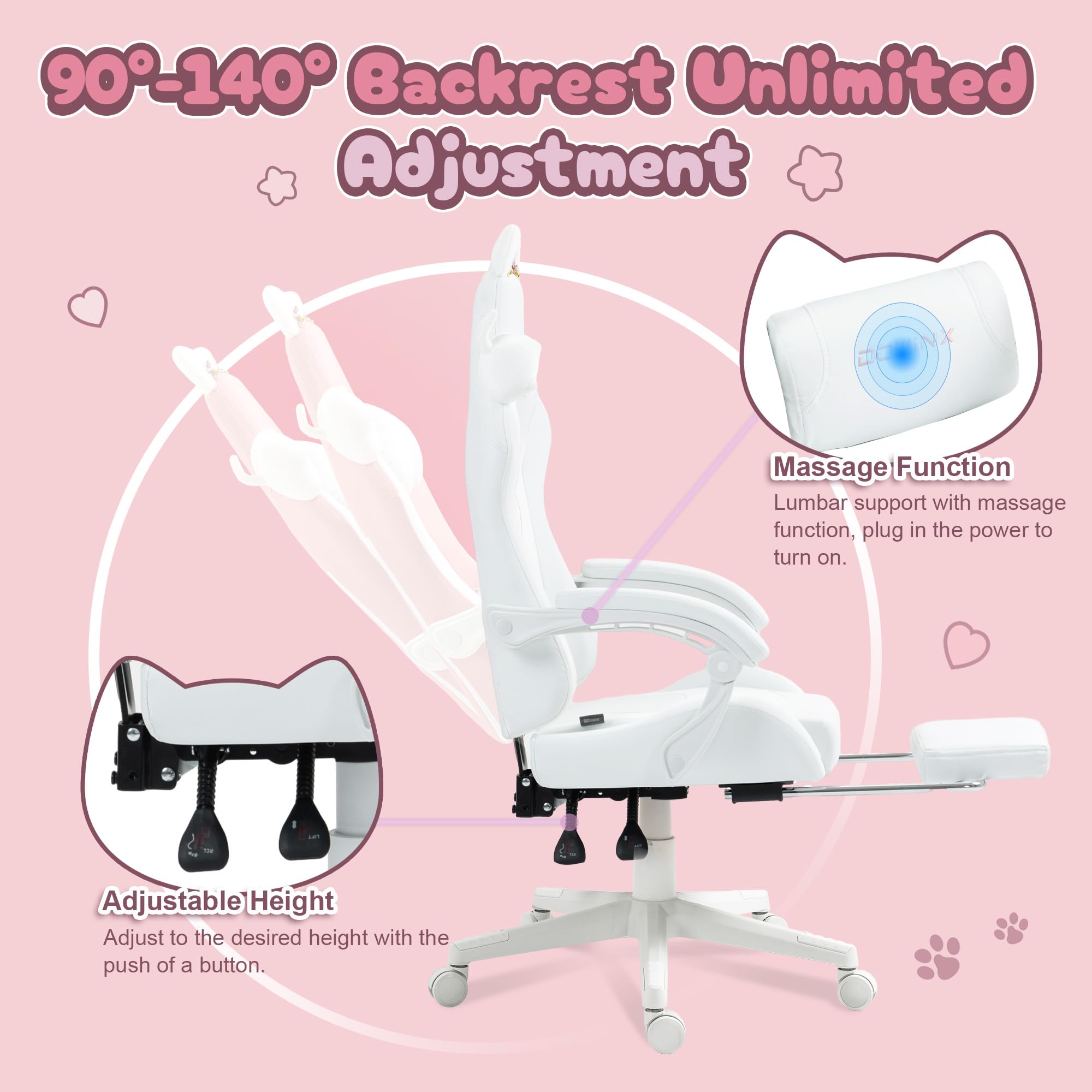 Dowinx Gaming Chair Cute with Cat Ears and Massage Lumbar Support, Ergonomic Computer Chair for Girl with Footrest and Headrest, Comfortable Reclining Game Chair 290lbs for Adult, Teen, White: White