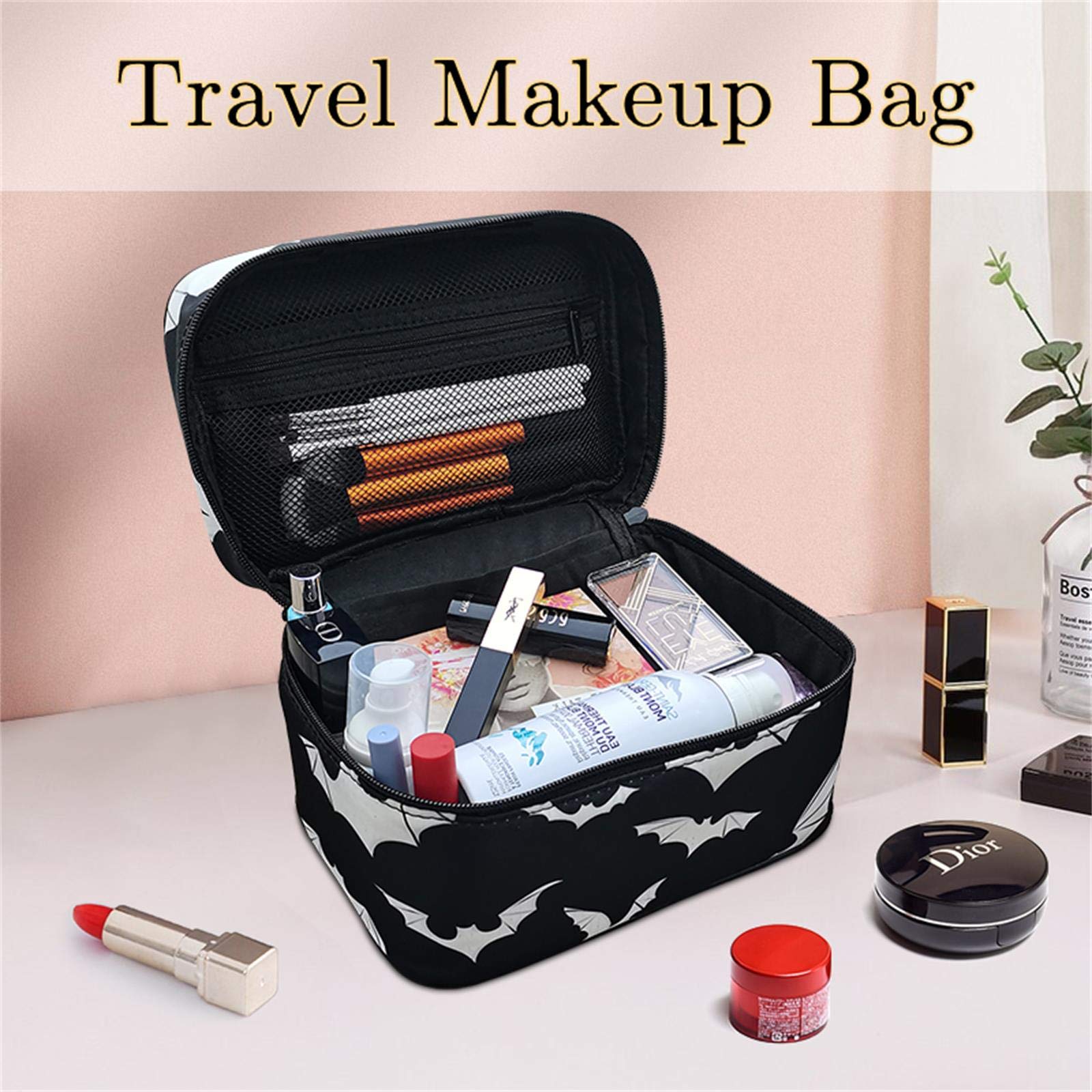 9CH Goth Makeup Organizer Bag, Halloween Makeup Bags Large Cosmetic Bag with Adjustable Dividers Portable Bat Cosmetic Case for Make up Brushes Toiletry Jewelry（Black Bats） thumbnail 6