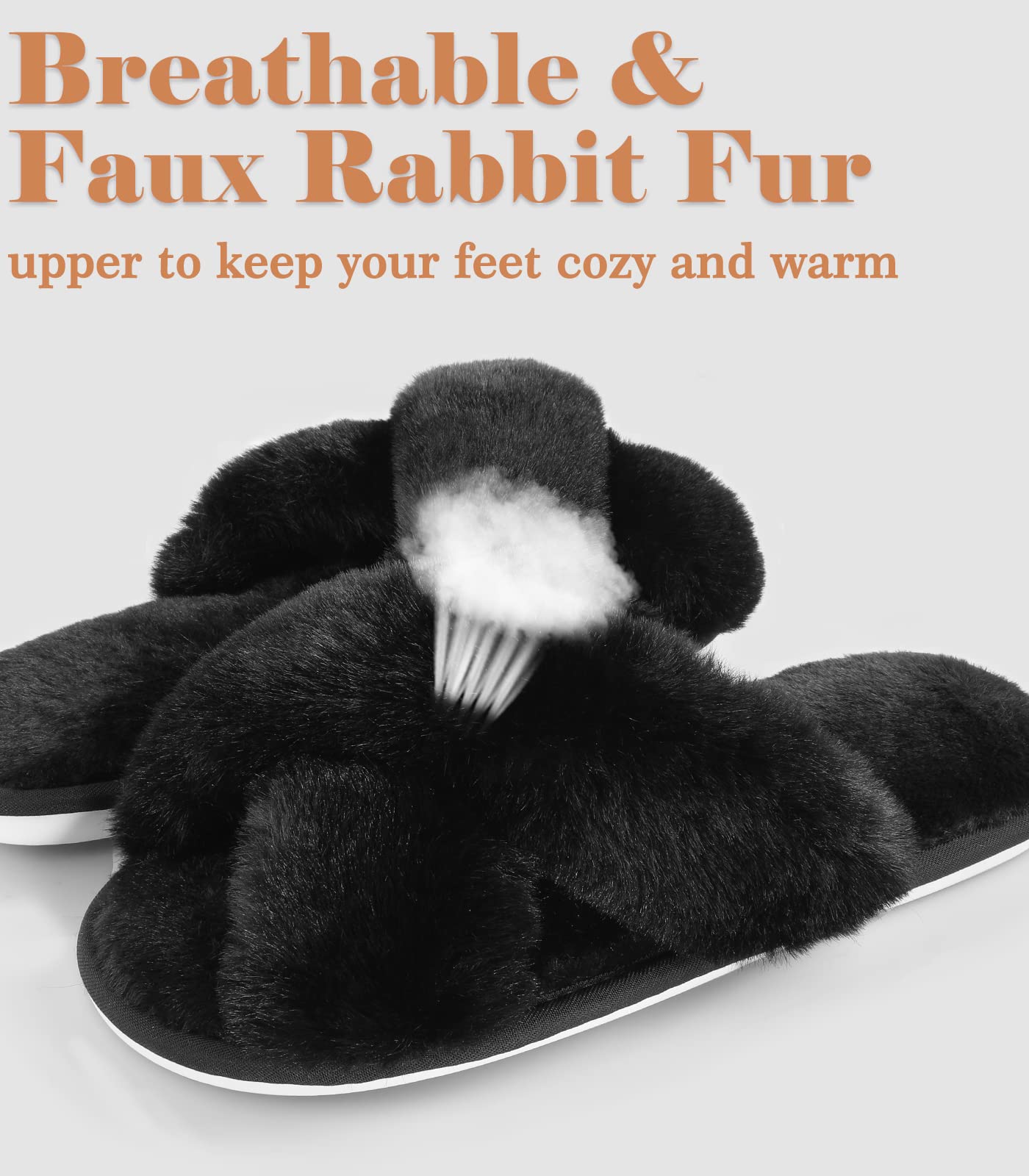 Ankis Womens Fuzzy Memory Foam Slippers Cross Band Cozy Plush Home Slippers Fluffy Furry Open Toe House Shoes Indoor Outdoor Slide Slipper: 9-10 Black