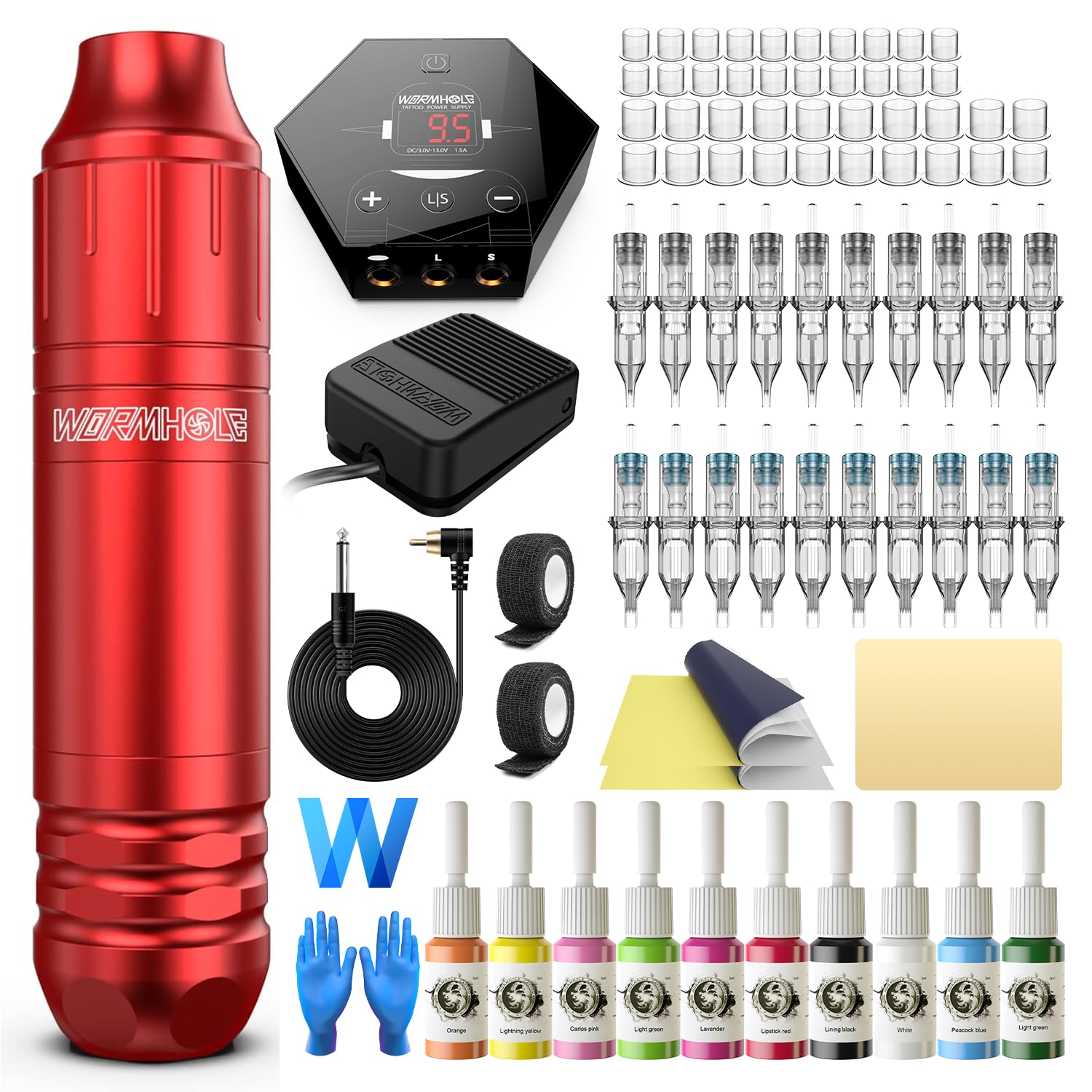 Tattoo Kit, Wormhole Tattoo Machine Kit Tattoo Gun Kit Cartridge Needles Tattoo Pen Kit for Beginners Rotary Tattoo Machine Pen Kit Tattoo Supplies WTK104: Red