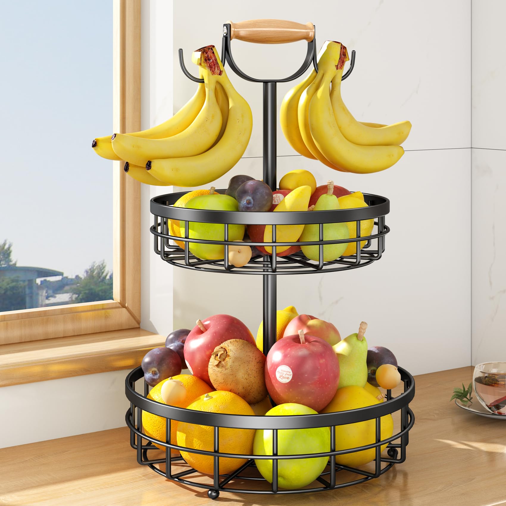 SAYZH 2-Tier Fruit Basket Bowl Vegetable Storage with Dual Banana Tree Hanger and Wood Lift Handle, Kitchen Countertop Metal Wire Basket for Bread Onions Potatoes (Black, 2 Tier) thumbnail 8