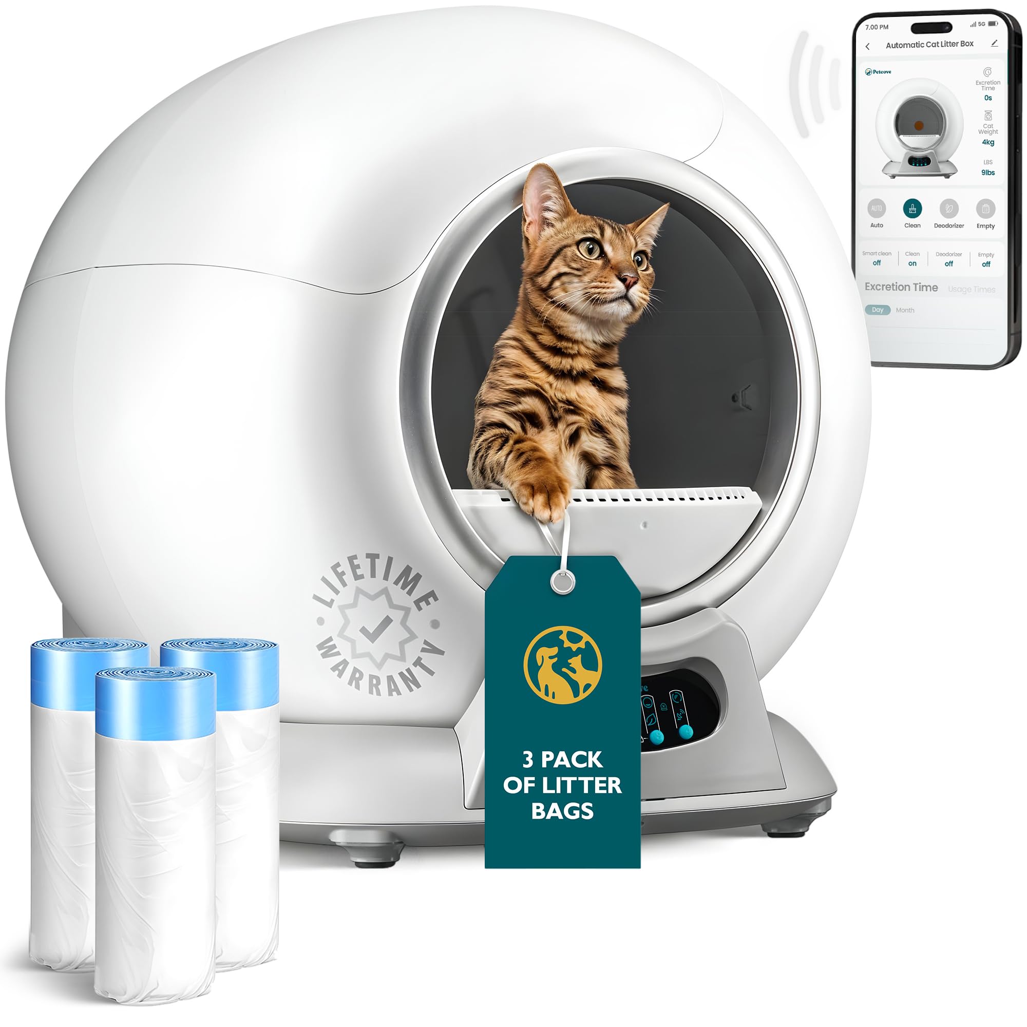 PetCove Self Cleaning Litter Box with Auto Safety Sensors for Multiple Cats - Automatic Cat Litter Box Self-Cleaning - Covered Odor Removal with APP Control - Compatible On All WiFi - Electric Robot: Gray Bundle 3 Pack