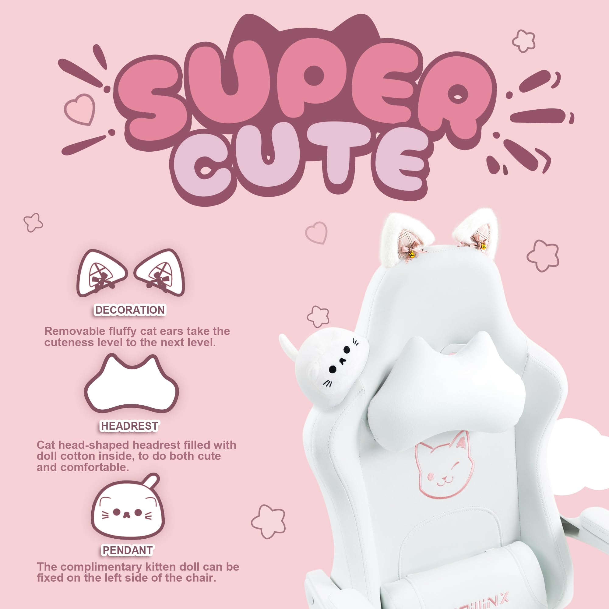 Dowinx Gaming Chair Cute with Cat Ears and Massage Lumbar Support, Ergonomic Computer Chair for Girl with Footrest and Headrest, Comfortable Reclining Game Chair 290lbs for Adult, Teen, White: White