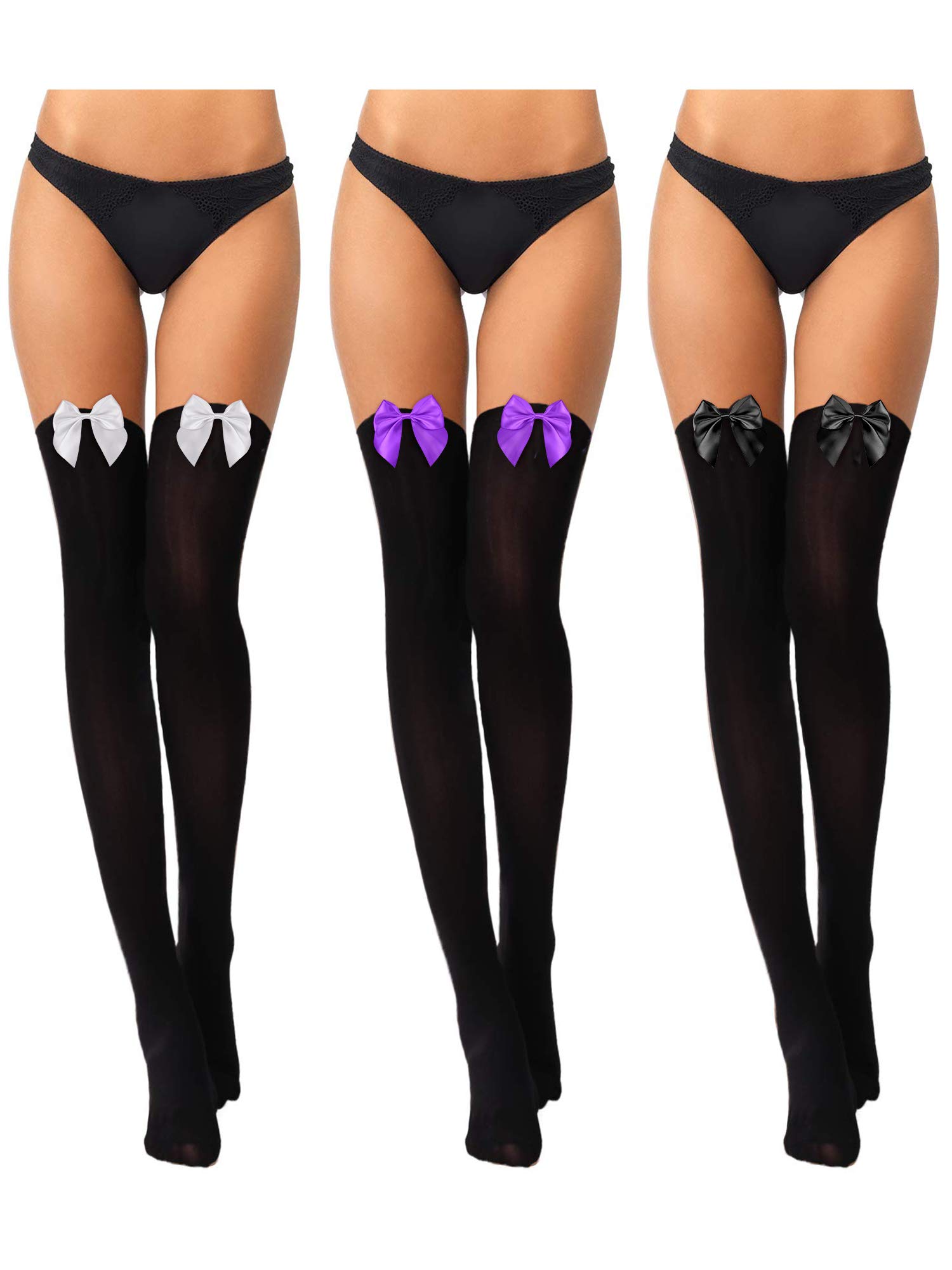 Boao 3 Pairs Thigh High Stockings Thigh High Socks with Bow for Women over Knee Lingerie Stockings for Cosplay Daily Wear: Medium Black, Purple, White