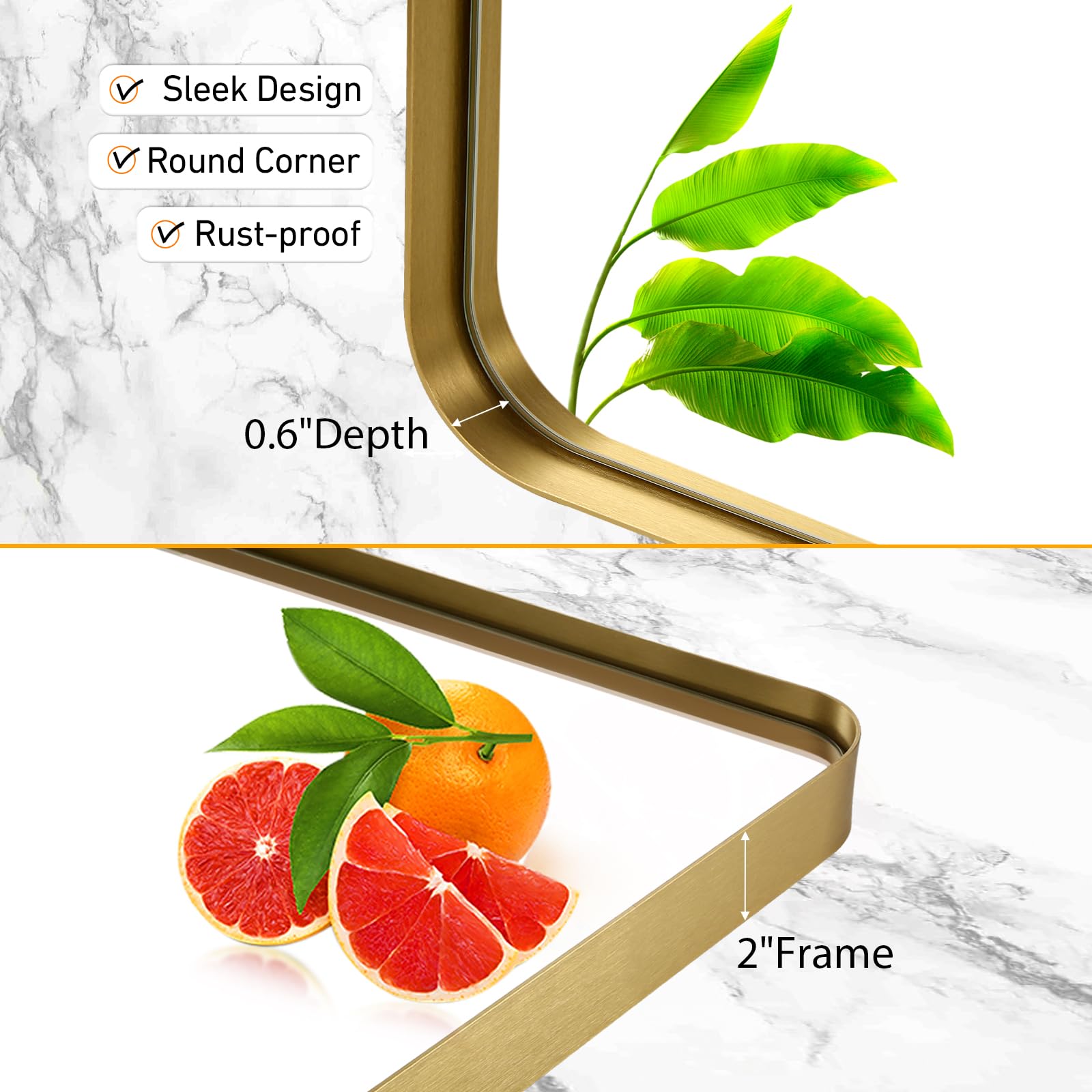 JENBELY 40x30 Inch Gold Bathroom Mirror, Brushed Metal Framed Rectangle Mirror with Rounded Corner, Gold Bathroom Vanity Mirror for Bedroom or Living Room, Horizontal/Vertical: 40"L x 30"W Gold