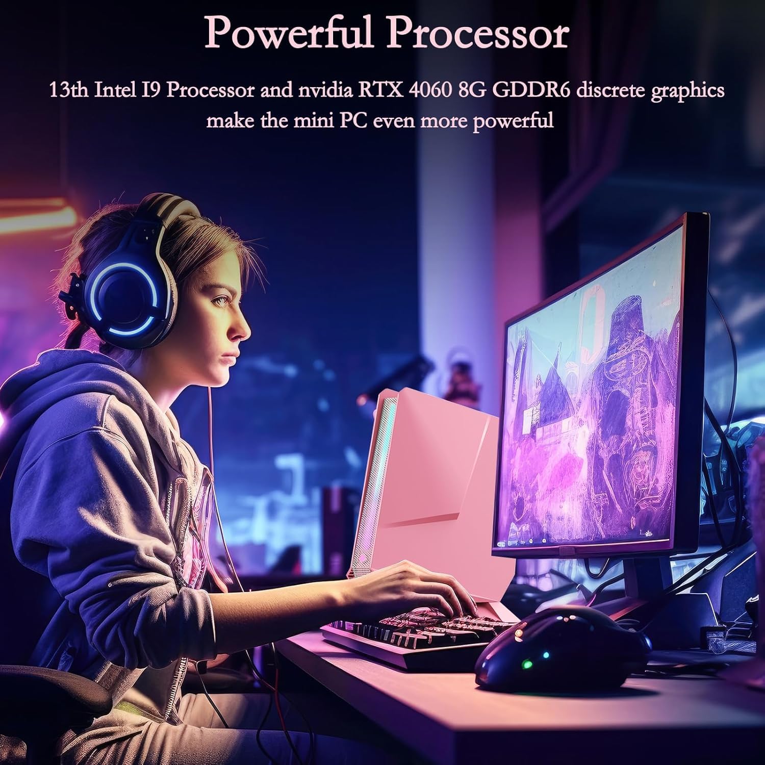 Mini PC, 13Th Gen Intel i9-13900HK Gaming PC, Nvidia RTX 4060 Graphics Mini Computers with RGB Lights, 32GB DDR5 RAM, 1TB PCIe G4x4 SSD, 2X HDMI + Type-C, 2.5G LAN, WiFi Ready, Pink