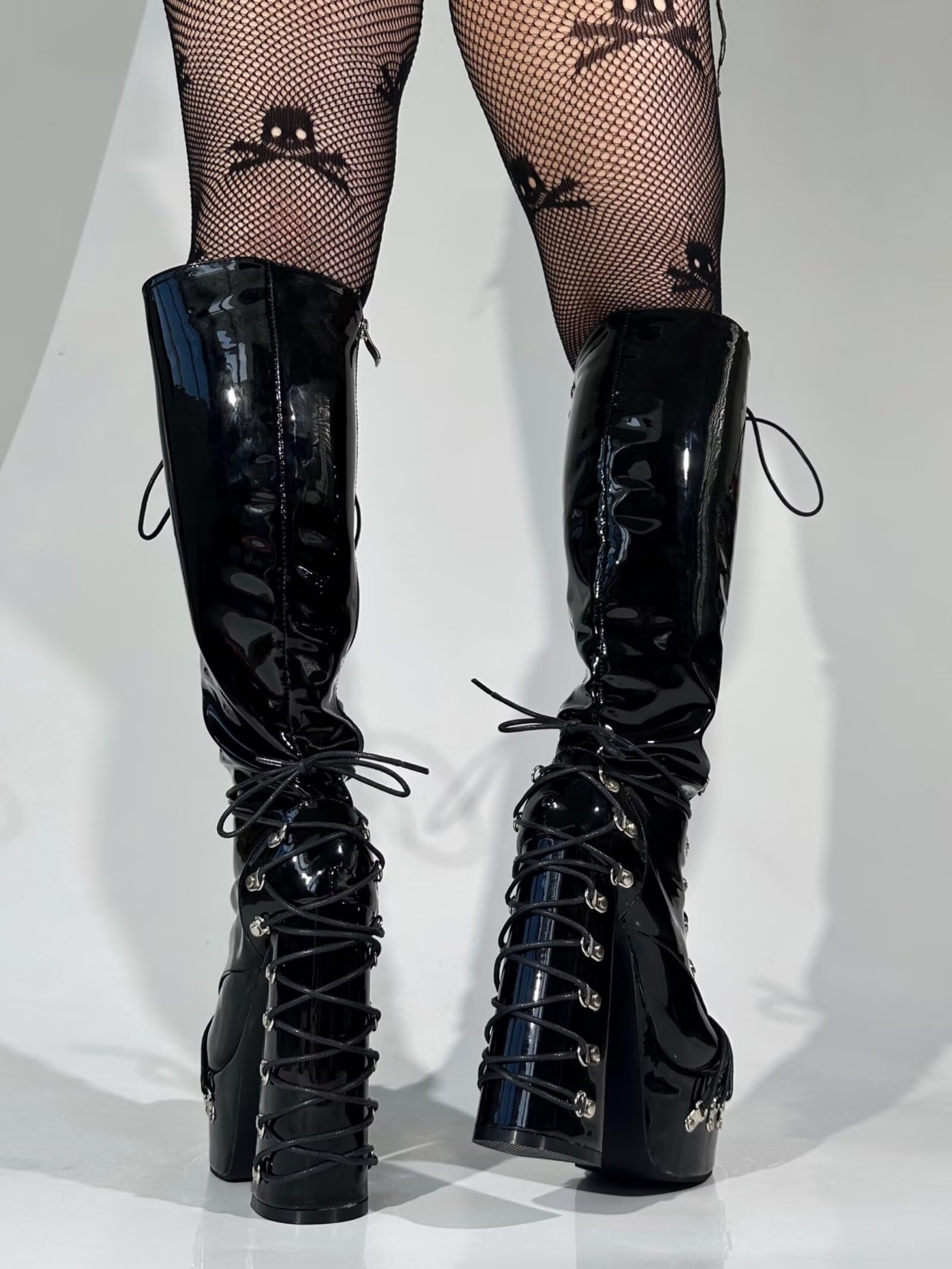 Frankie Hsu Goth Sexy Chunky Platform Knee High Heeled Lace Up Boots, Black Patent Silver Multi Buckle Gothic, Punk Y2K Hot Girl Big Large Size Wide Calf Long Shoes For Women Men