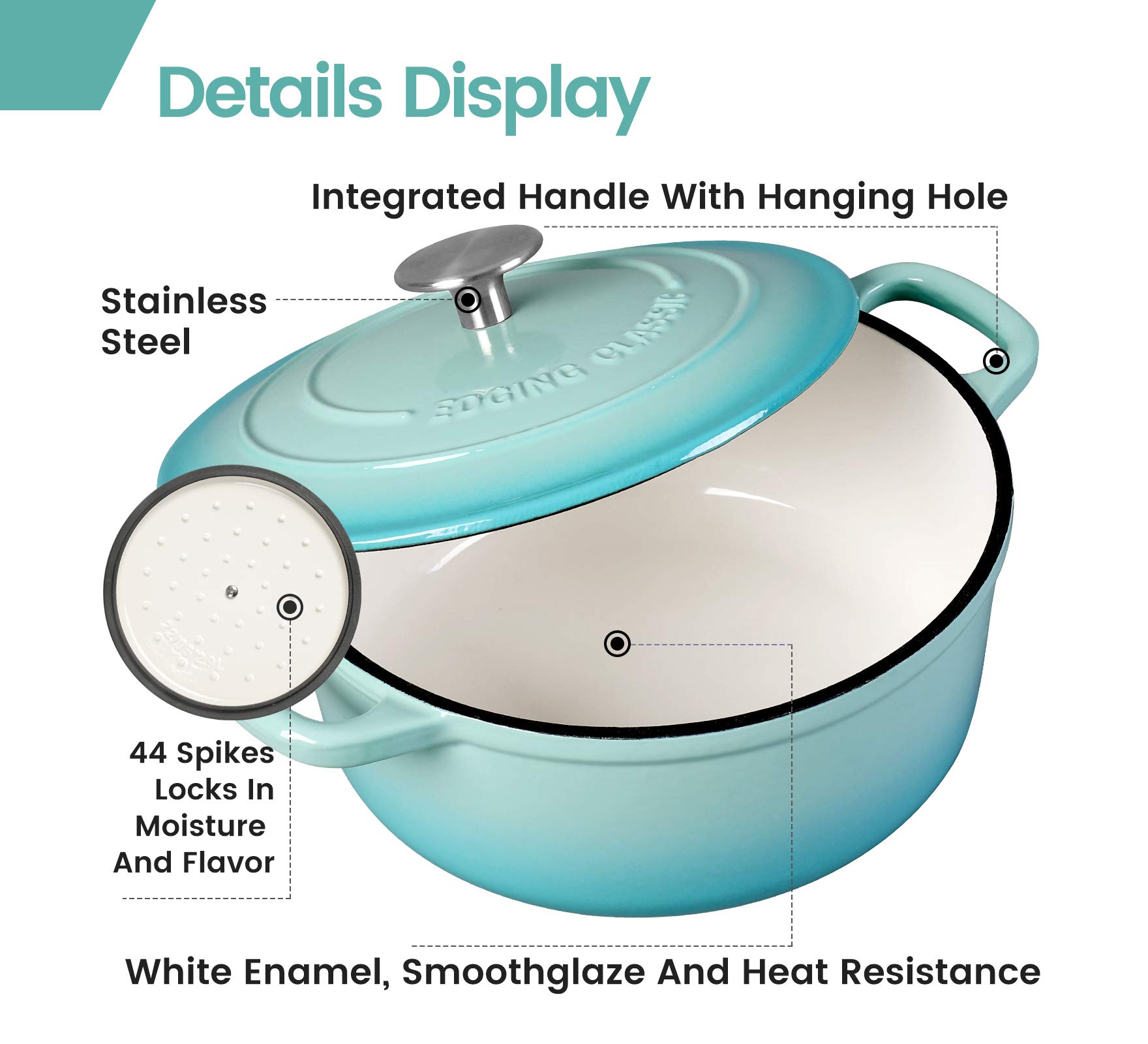 EDGING CASTING Enameled Cast Iron Covered 5.5 Quart Dutch Oven with Dual Handle, Dutch Ovens with Lid for Bread Baking, Pink: 5.5QT Peacock Blue