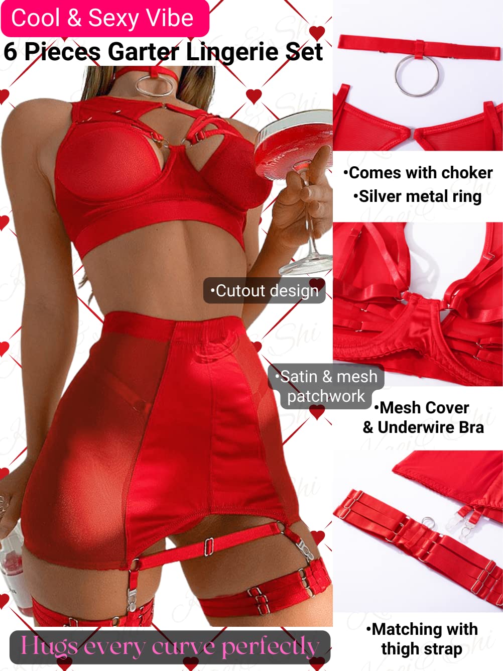 Kaei&Shi Garter Lingerie for Women, Strappy High Waisted Skirt G String 4 Piece Sexy Exotic Lingerie Outfits Set Boudoir