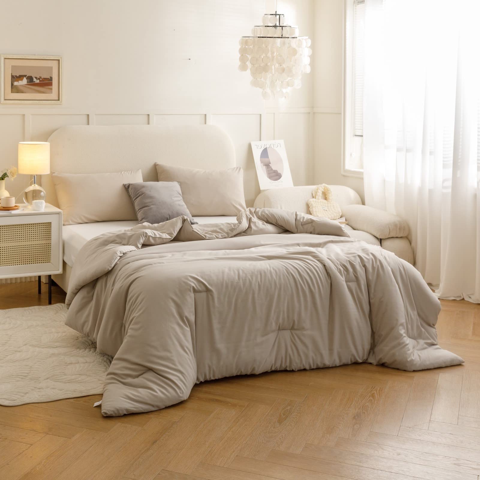 ROSGONIA Queen Comforter Set Oatmeal, 3pcs(1 Boho Oatmeal Comforter & 2 Pillowcases) All Season Soft Bedding Lightweight Bedspread Blanket Quilt: Queen Comforter 90"x90" Oatmeal