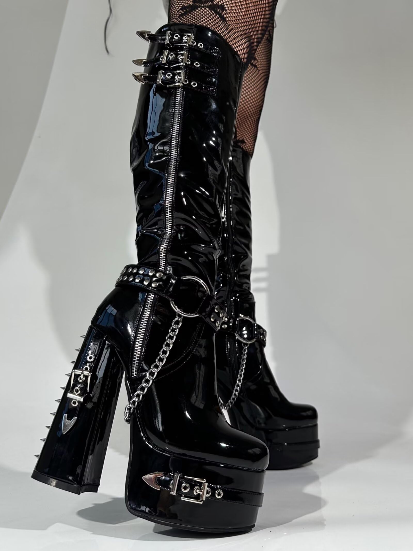 Frankie Hsu Goth Sexy Chunky Platform Knee High Heeled Boots, Black Patent Silver Chain Rivets Ring Buckle Gothic, Punk Y2K Hot Girl Big Large Size Wide Calf Shoes For Women Men: 7