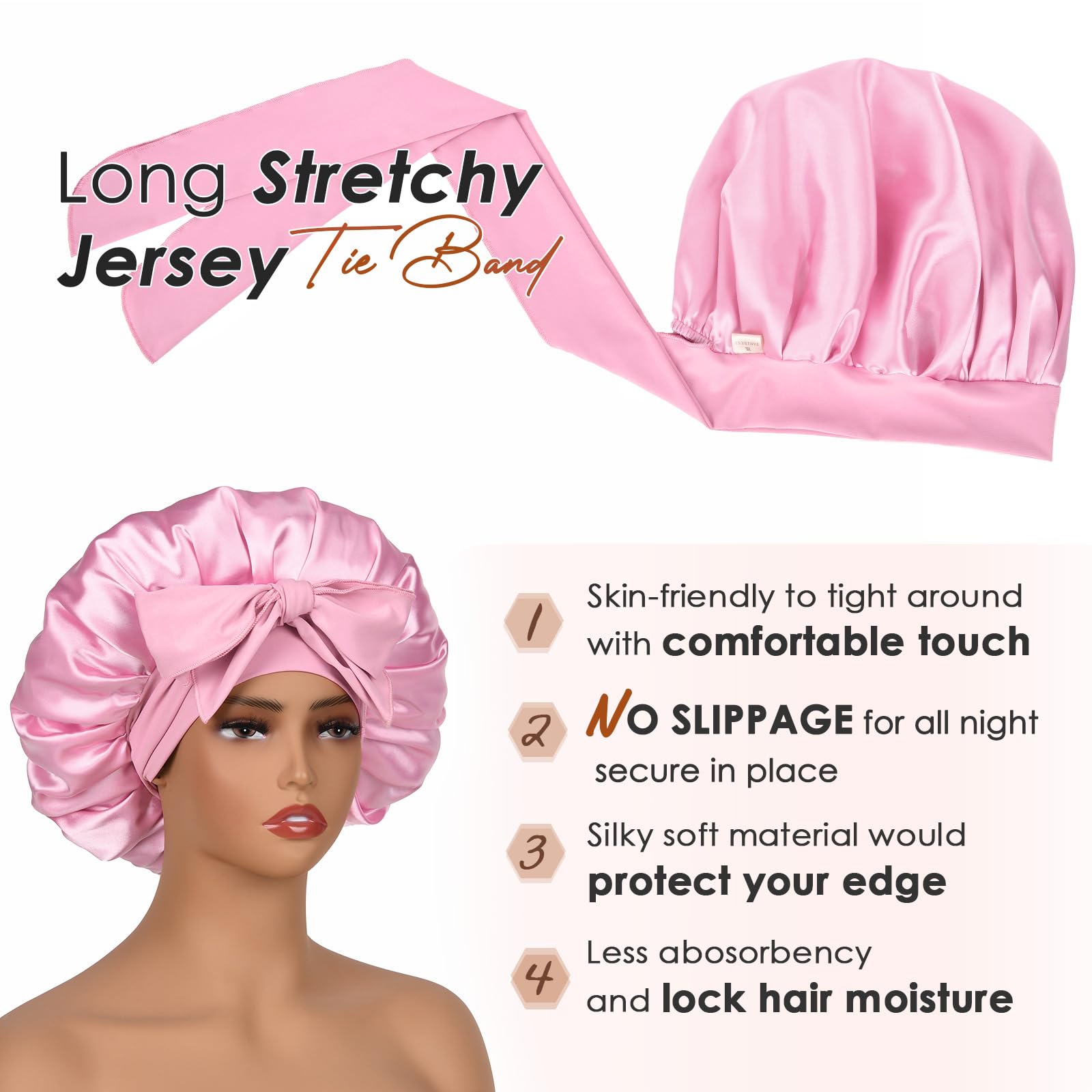 YANIBEST Silk Bonnet for Sleeping Women Satin Bonnet Double Layer Satin Lined Hair Bonnet with Tie Band Curly Hair Blush Pink: Large Pink