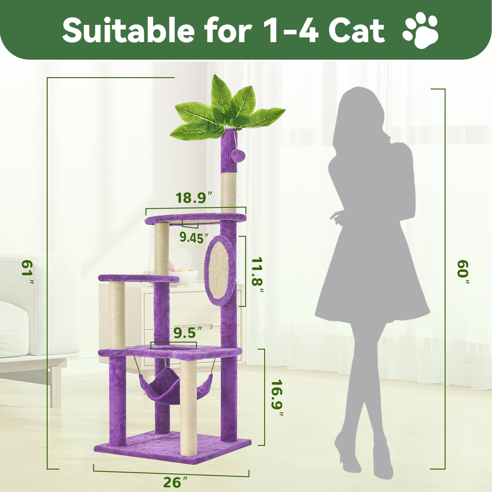 TSCOMON 61" Large Cat Tree Tower for Indoor Cats with DIY Green Leaves Scratching Post Multi Soft Hang Ball Plush Cat House Furniture 360° Rotating Cat Scratch Board with Hammock, Purple
