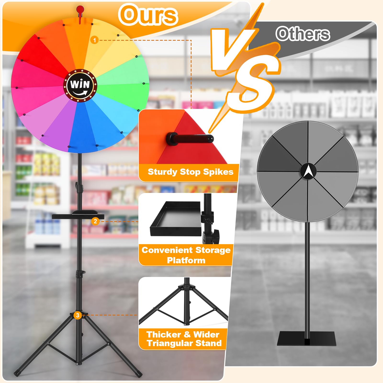 GADFISH 24-inch Spinning Prize Wheel, Ajustable 37"-65" Height Spin Doodle Game Spinner, Storable Prize Wheel Spinner with Stand, Wheel of Fortune Game, 14 Colors