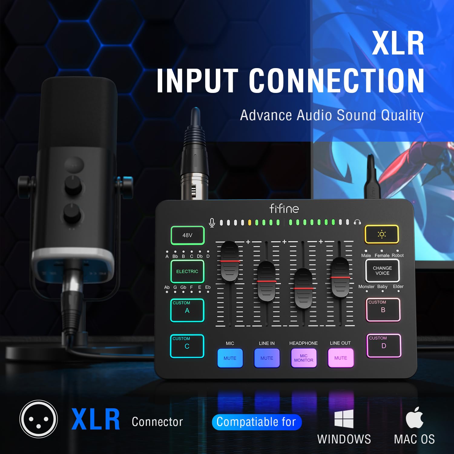 FIFINE Gaming Audio Mixer, Streaming RGB PC Mixer with XLR Microphone Interface, Individual Control, Volume Fader, Mute Button, 48V Phantom Power, for Podcast/Recording/Vocal/Game Voice-AmpliGame SC3 thumbnail 2