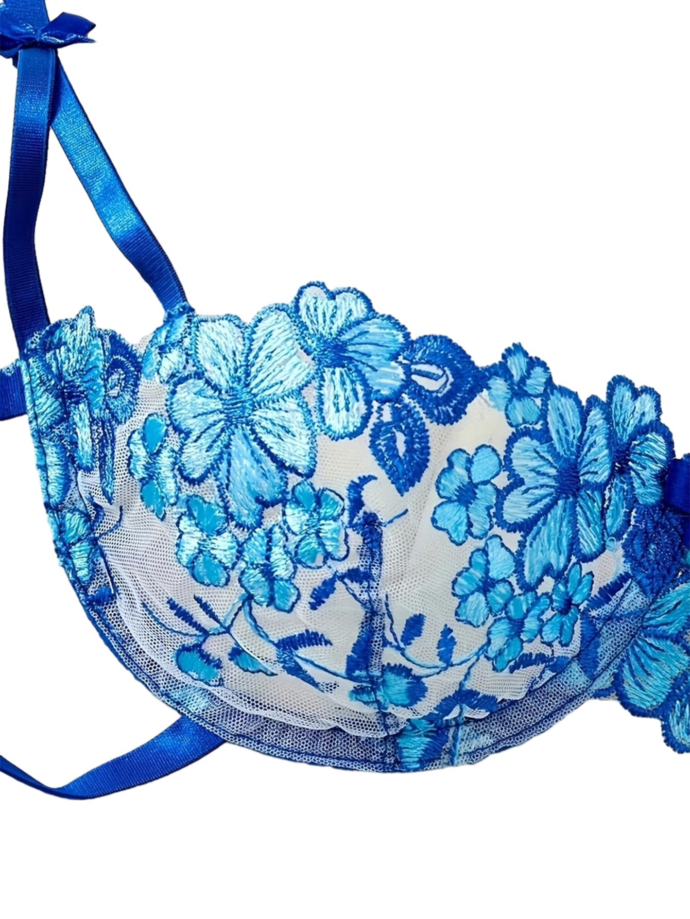 Lilosy Sexy Tie Side Cute Underwire Push Up Strappy Embroidered Mesh Sheer Lingerie Set: Bow 2X-Small Bow Floral Blue