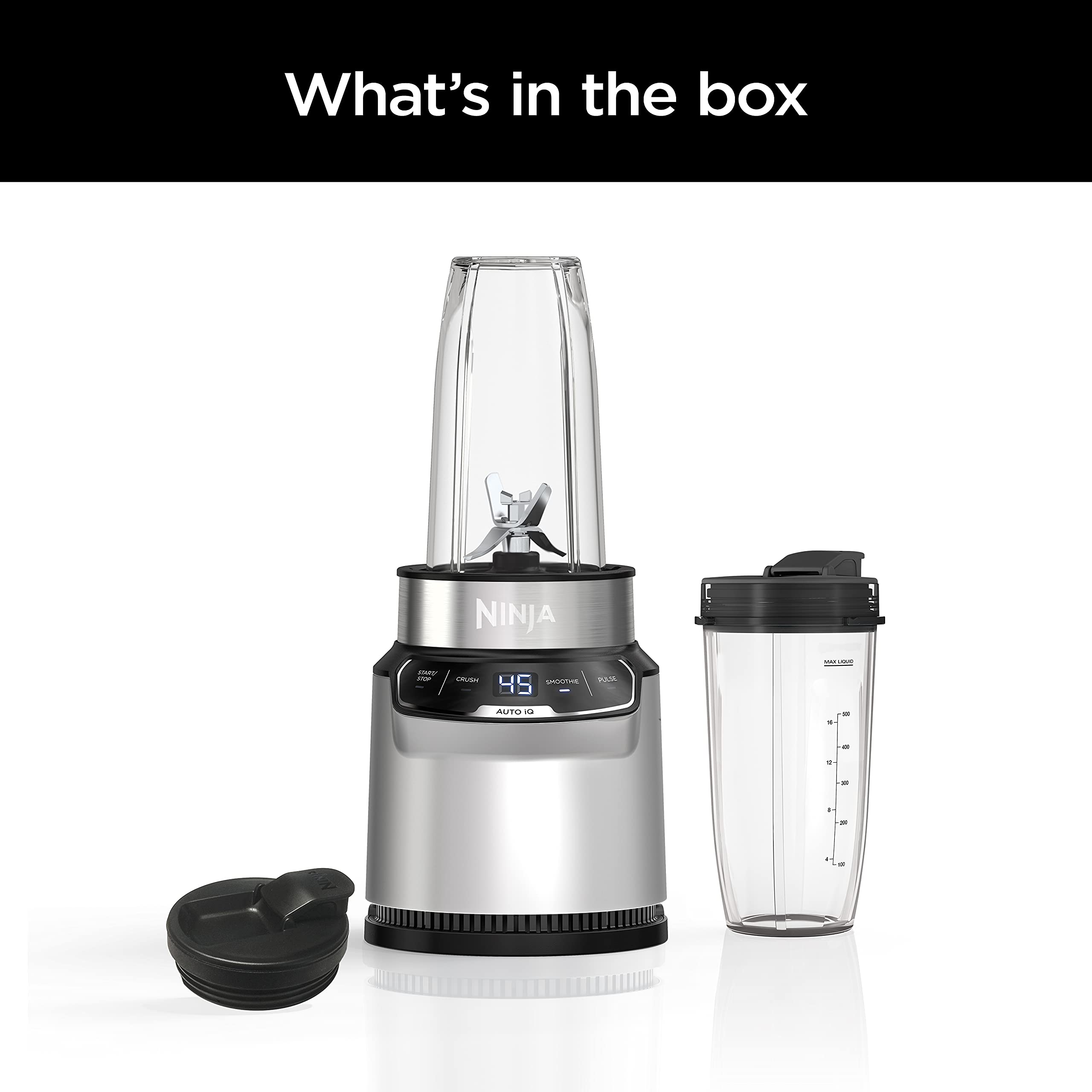 Ninja BN301 Nutri-Blender Plus Compact Personal Blender, 900-Peak-Watt Motor, Frozen Drinks, Smoothies, Sauces & More, (3) 20 oz. To-Go Cups, (2) Spout-Lids (1) Storage-Lid, Dishwasher Safe, Silver: Auto Blend