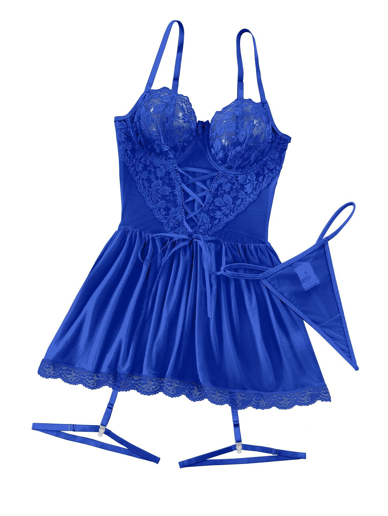 Lilosy Sexy Garter Belt Mesh Lace Babydoll Lingerie Dress Set with Thong: Wire Small Royal Blue
