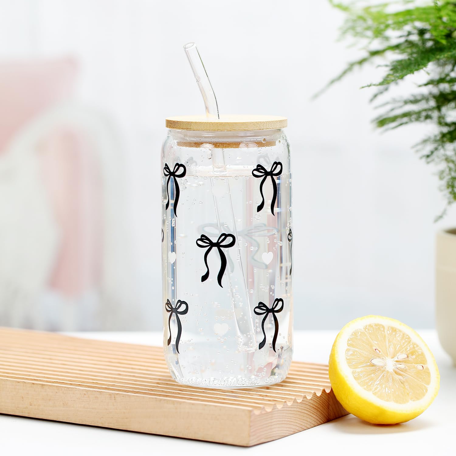 LANGASQUE Coquette  Bow Aesthetic Cup With Gift Box 16oz Glass Cup with Lids Straws and Black Bow Iced Coffee Smoothie Cute Tumbler with Cleaning Brush for Girls Bestfriend Sister Girlfriend: Black