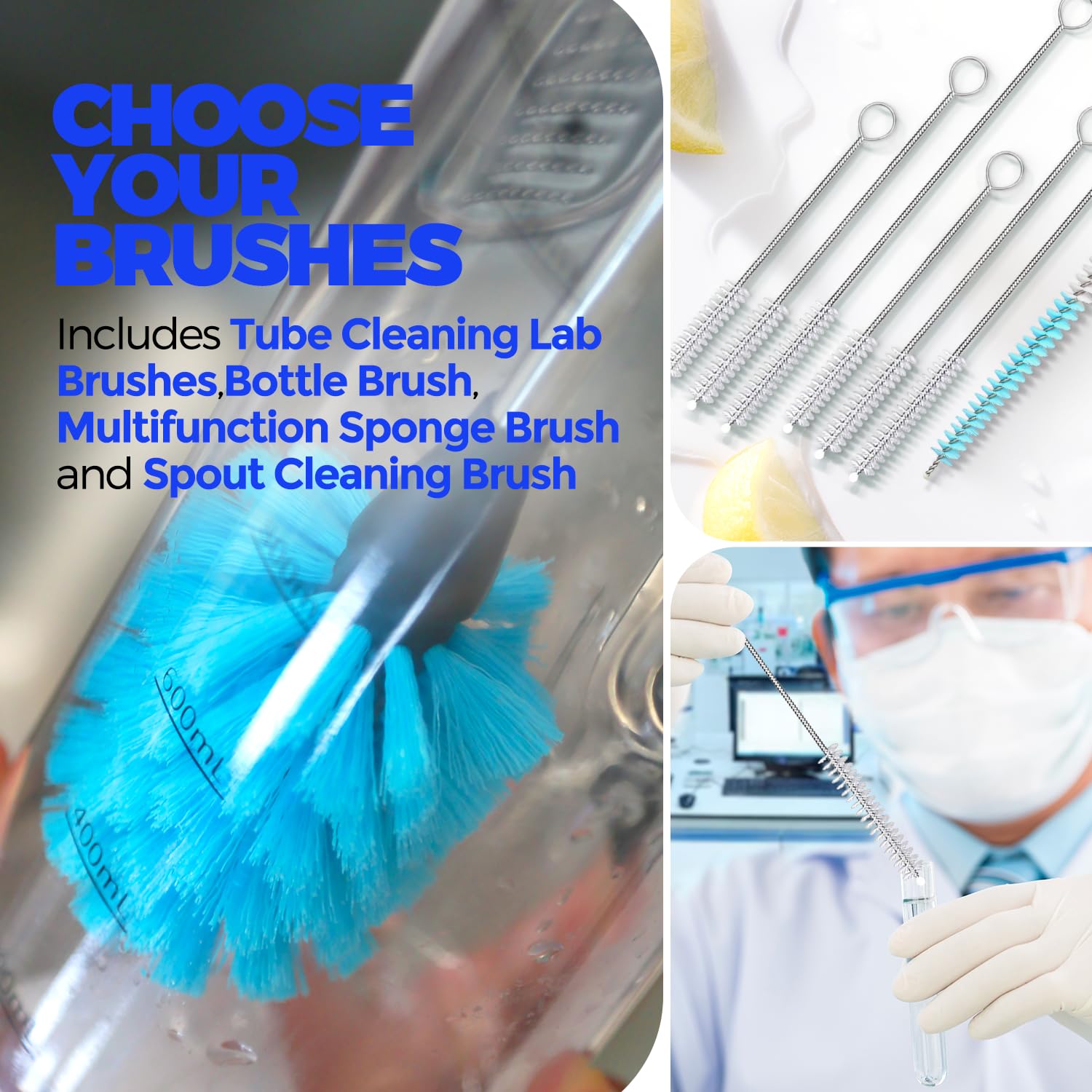 Holikme Bottle Brush Tube Cleaning Lab Set with Long Handle, Cup Cleaner for Washing Narrow Neck Beer Wine Decanter Pipes Lids Sinks Cap Covers,