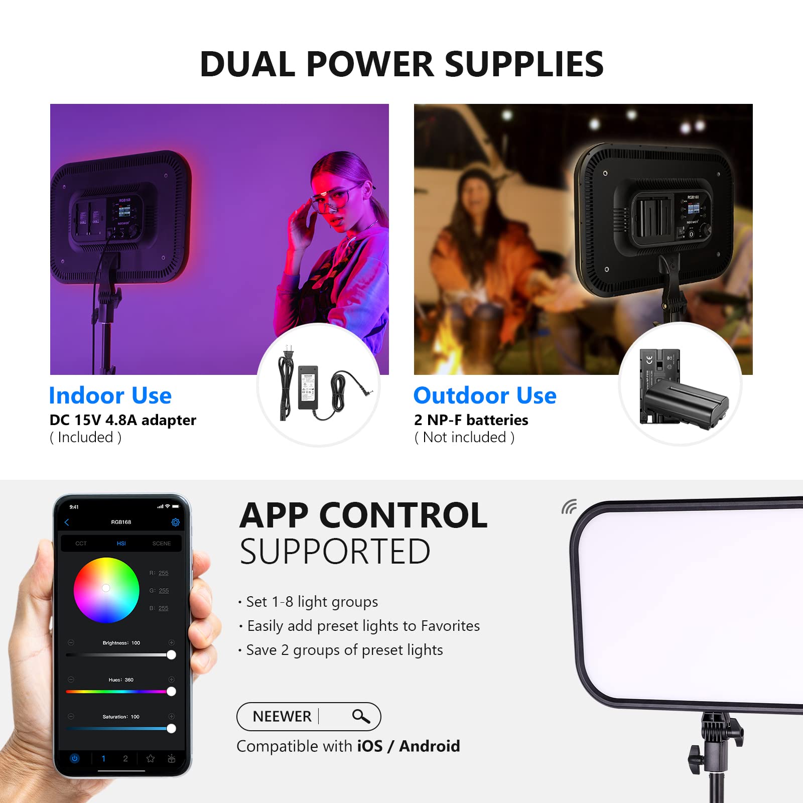 Neewer 13" Led Video Light Panel Kit, 2 Pack Dimmable Bi Color Soft Key Lighting with Tripod Stand, 8000mAh Battery, 3200~5600K CRI97+ 2400Lux for Game/Streaming/YouTube Recording/Studio Photography: RGB168