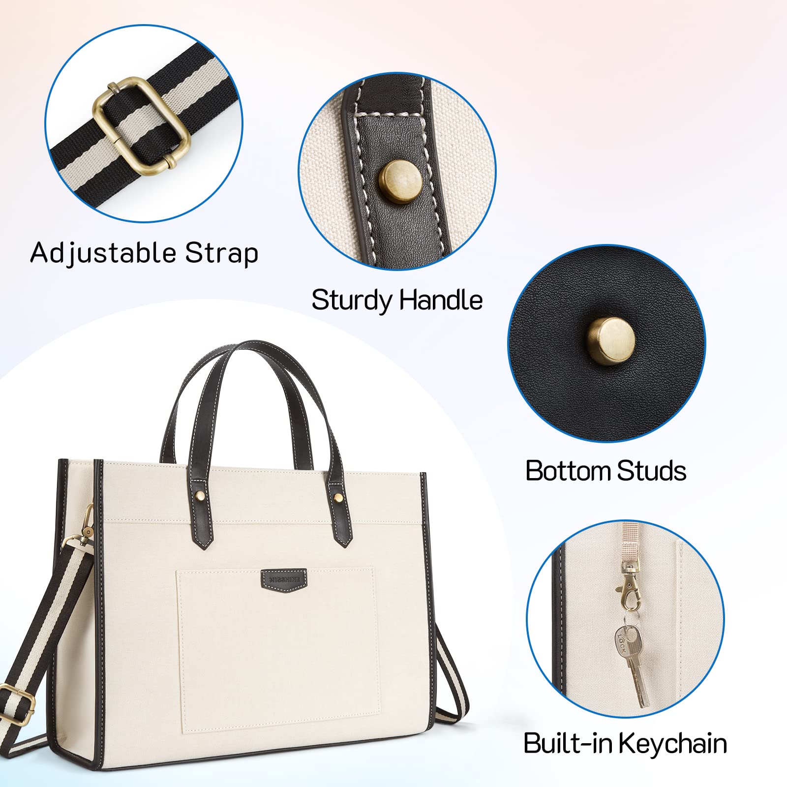 Missnine Tote Bag Canvas Laptop Bag 15.6 inch Briefcase for Women Large Capacity Handbag for Office, College, Travel (Black+Beige)